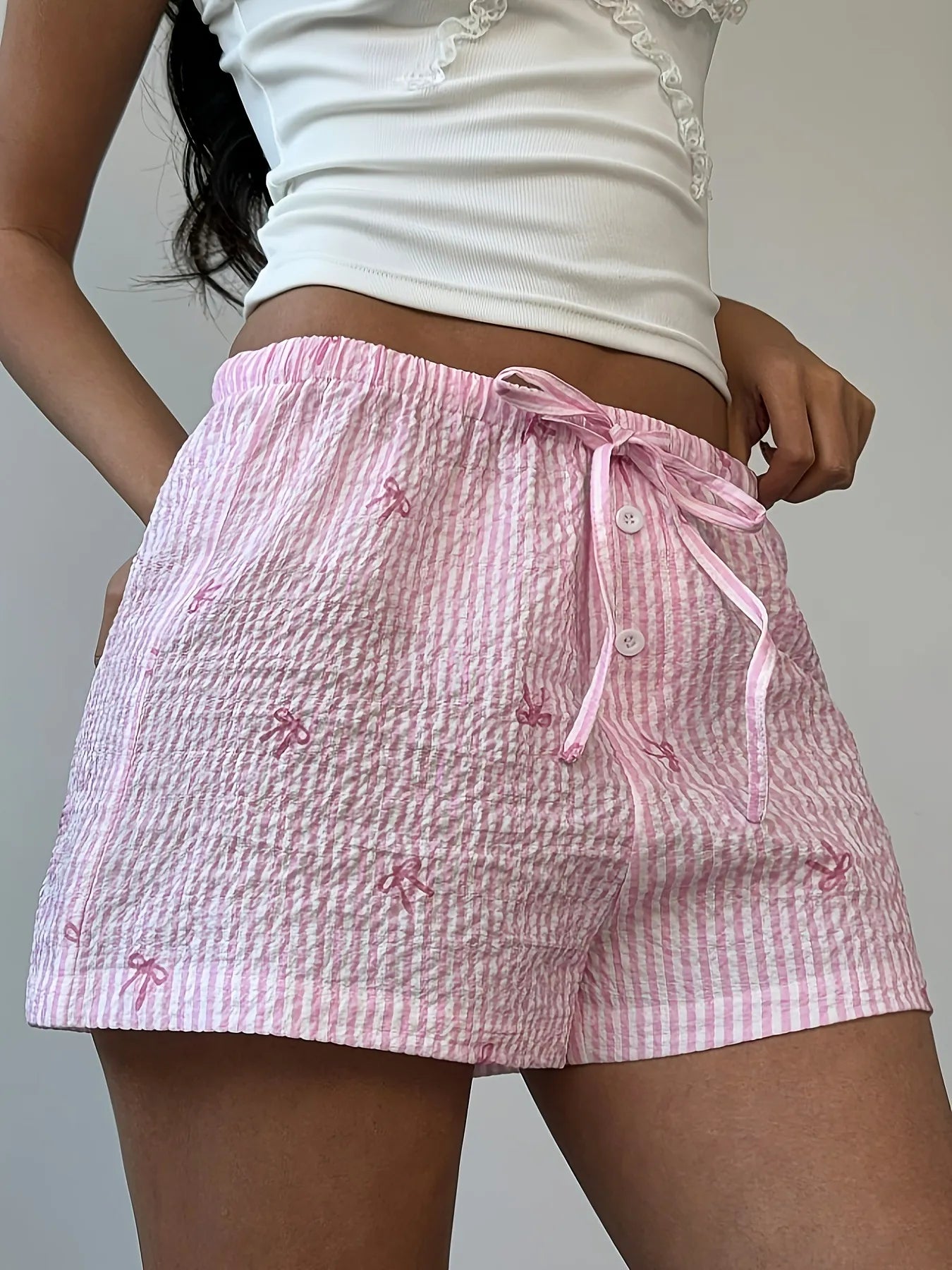 Fashorio Pink Plaid / XS Bow Striped Drawstring Casual Shorts