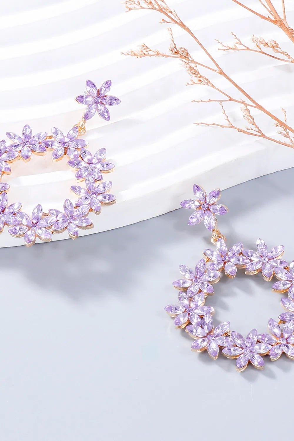 Fashorio Pink Purple / One Size Rhinestone Flower Dangle Earrings