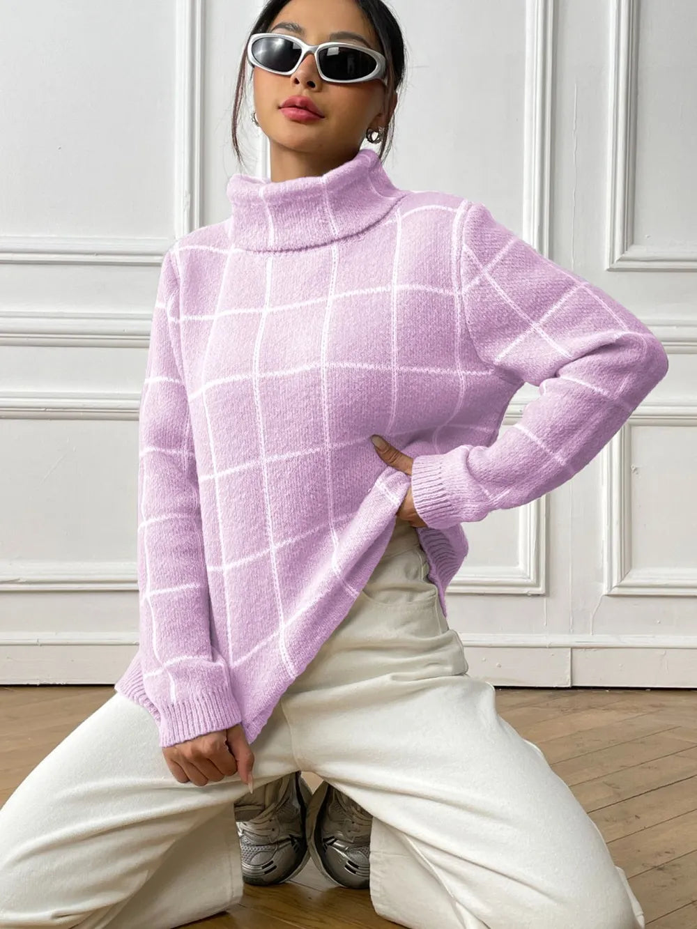 Fashorio Pink Purple / S Plaid Turtleneck Long Sleeve Sweater