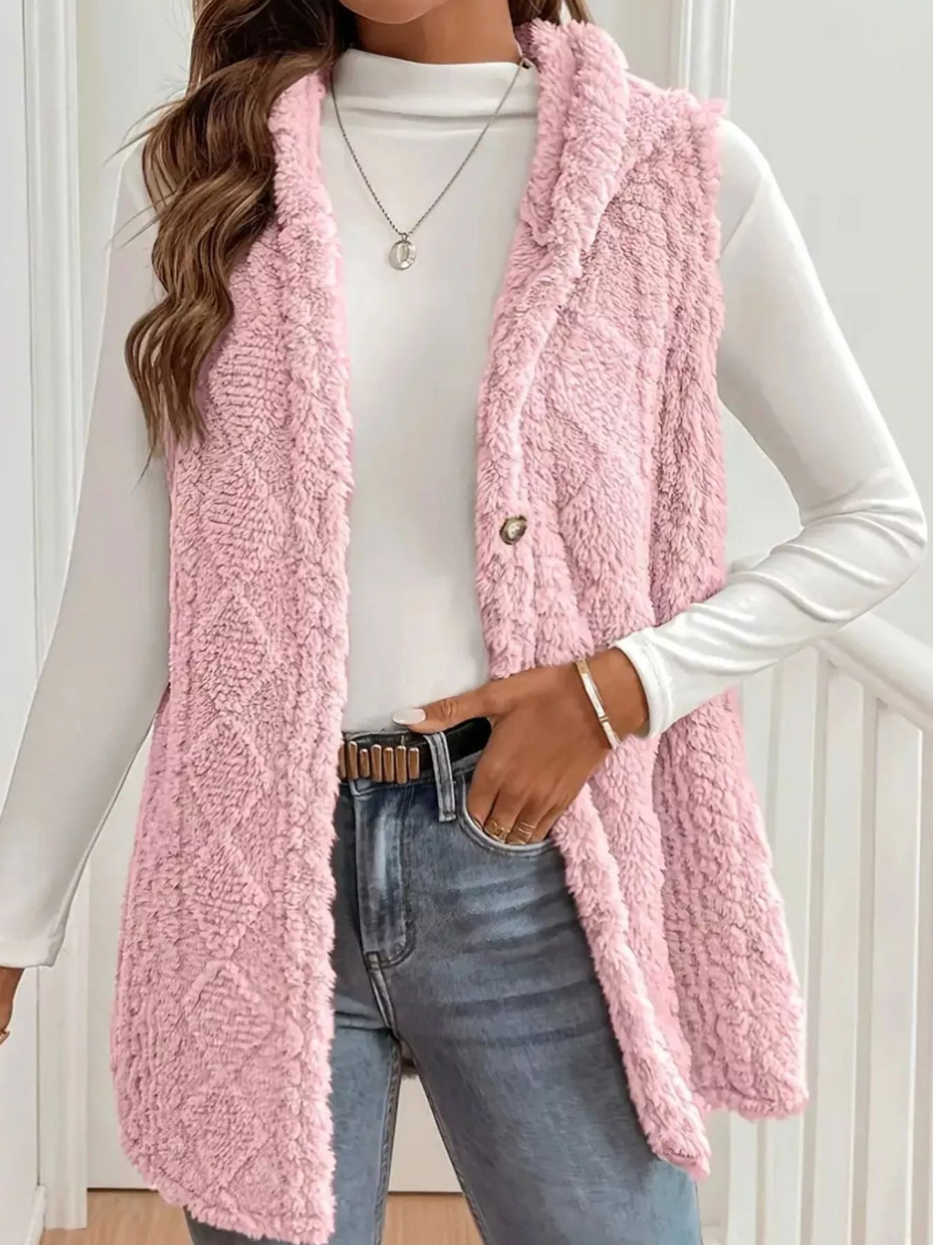 Fashorio Pink / S Button Up Plush Hooded Vest Coat