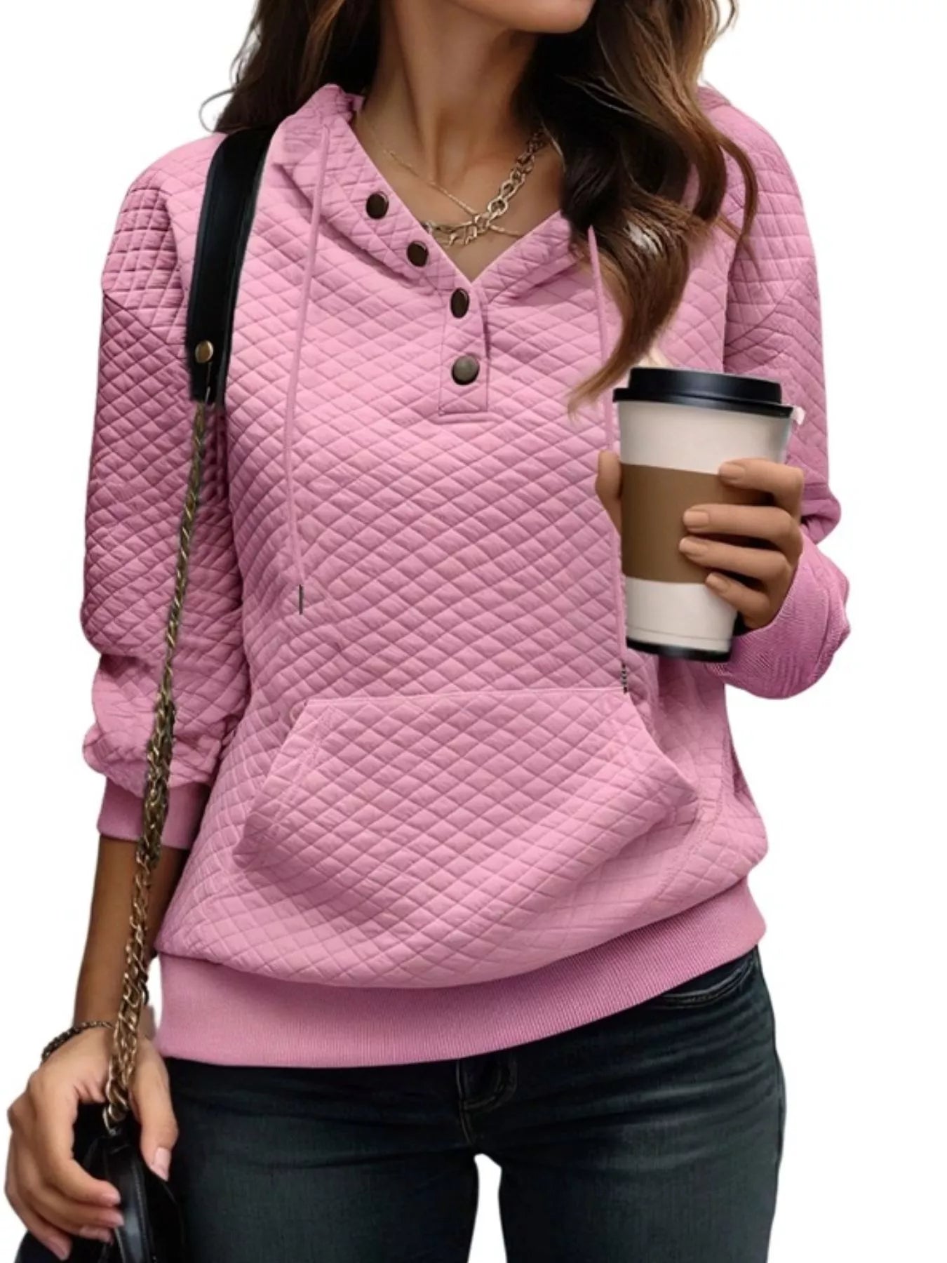 Fashorio Pink / S Drawstring Textured Dropped Shoulder Hoodie