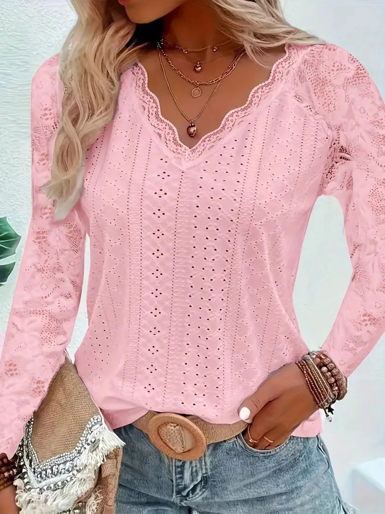 Fashorio Pink / S Eyelet Lace Sleeve V-Neck Blouse