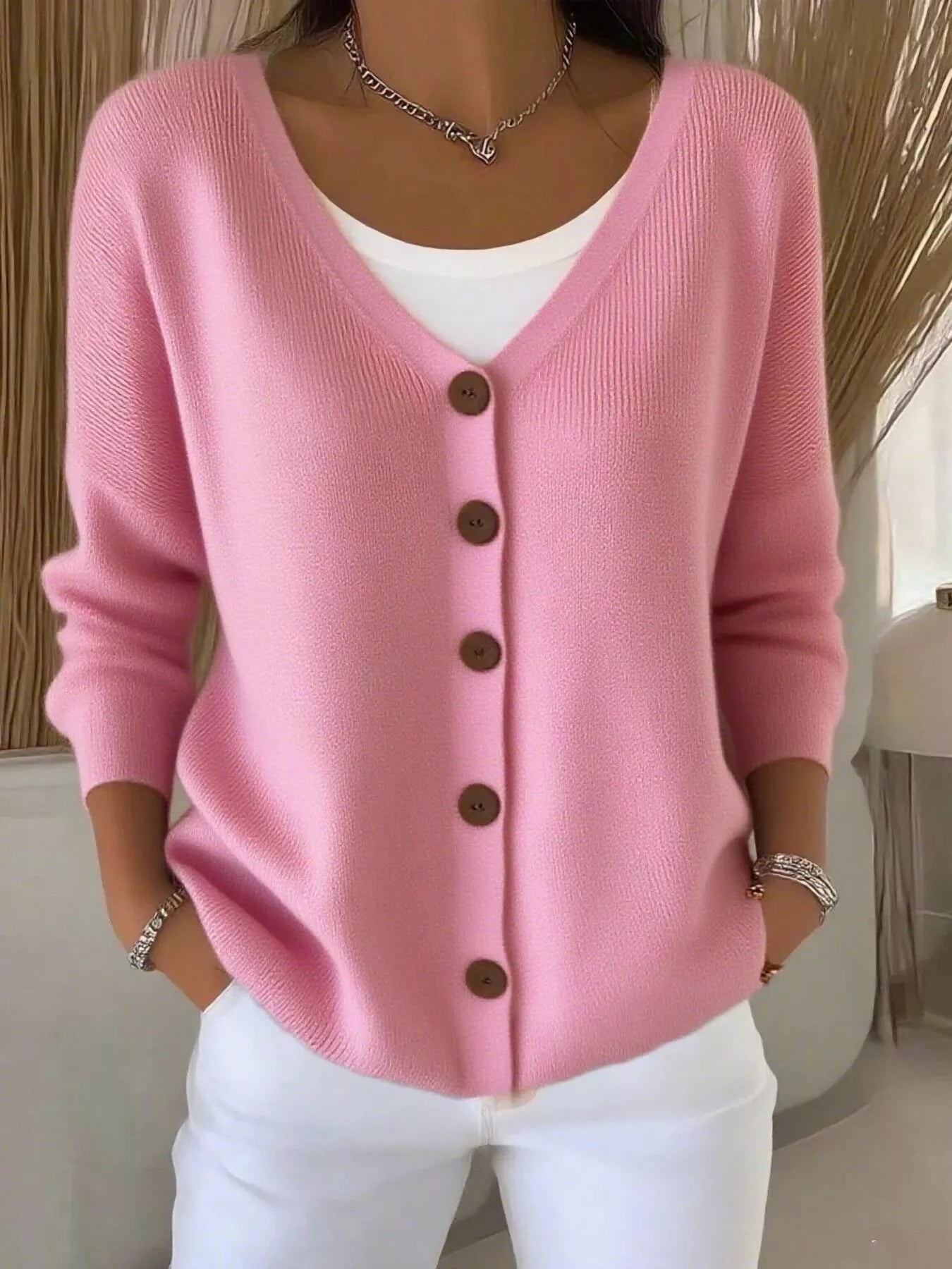 Fashorio Pink / S Full Size Button-Front V-Neck Cardigan Plus Size