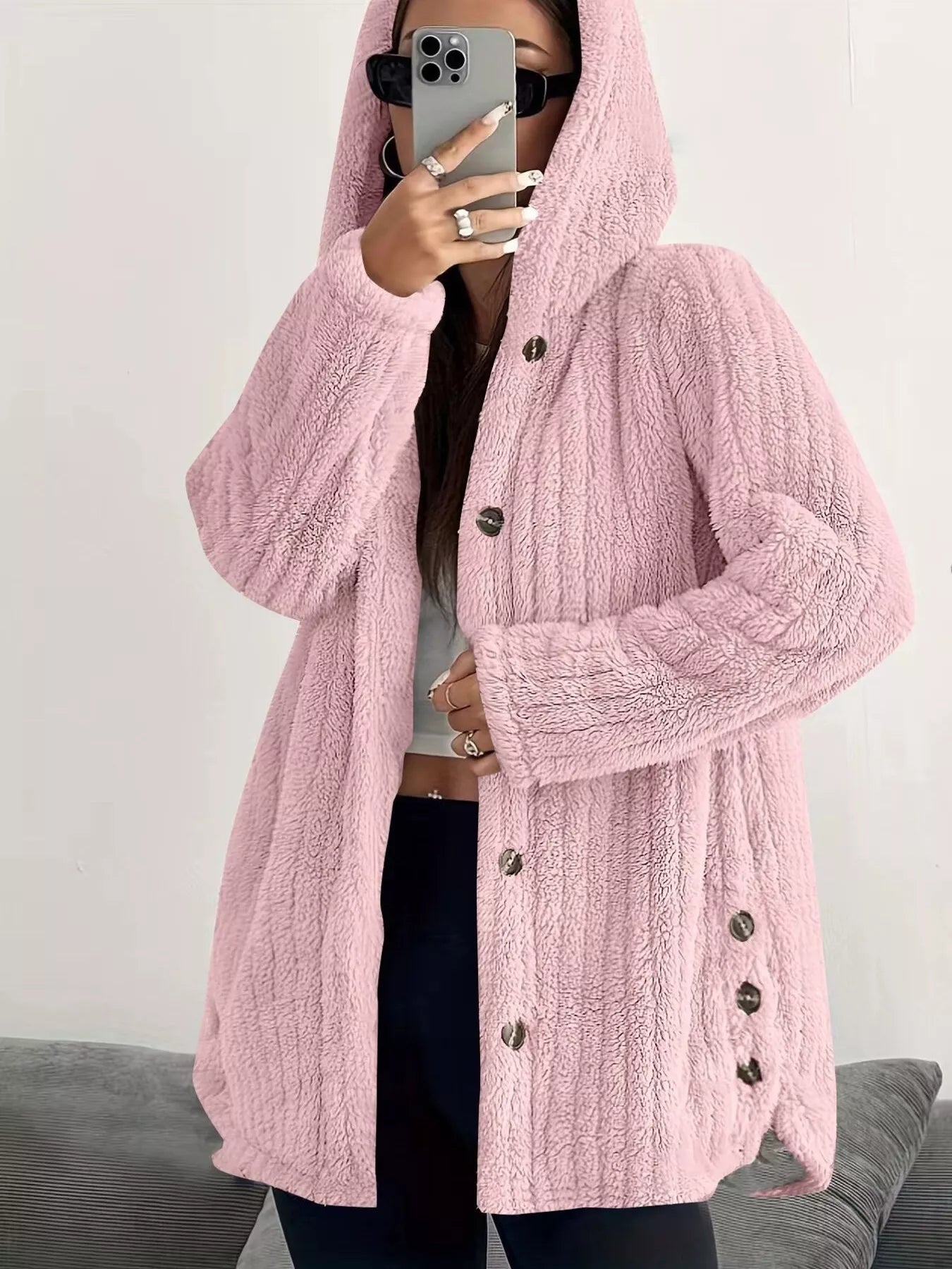 Fashorio Pink / S Full Size Fleece Button Up Hooded Outerwear Plus Size