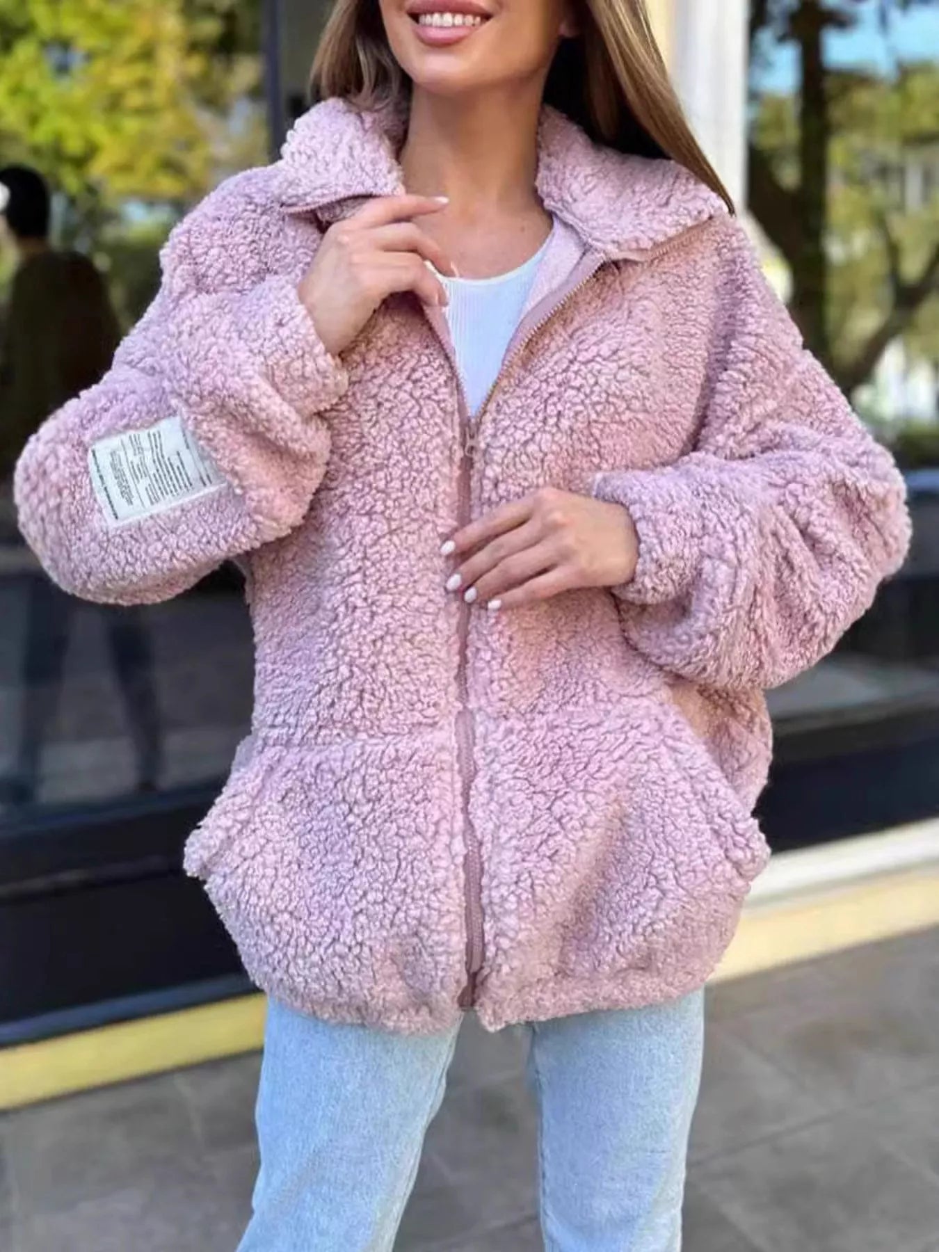 Fashorio Pink / S Full Size Sherpa Fleece Zip-Up Jacket Plus Size