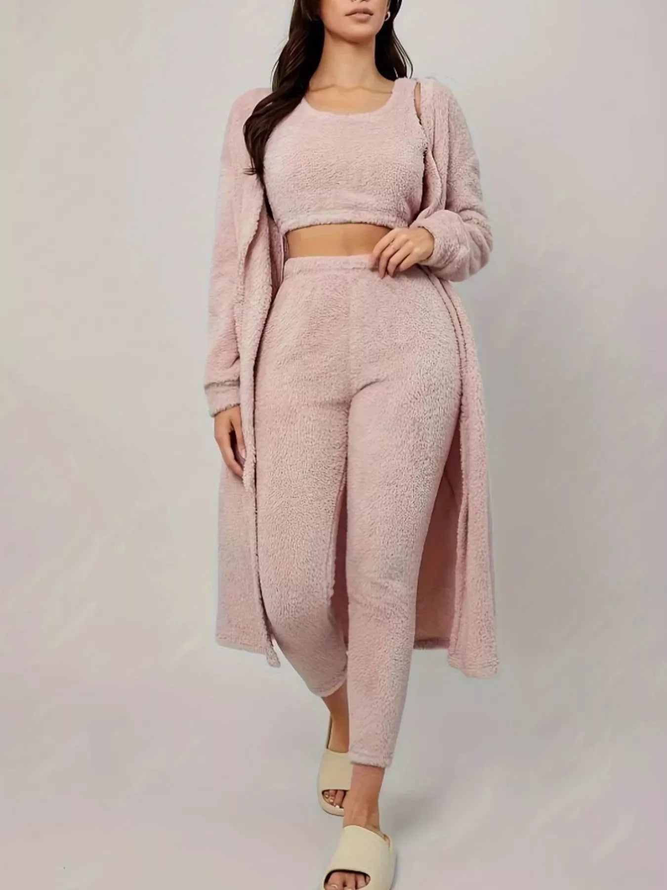 Fashorio Pink / S Fuzzy Tank Long Sleeve Cardigan and Pants 3-Piece Lounge Set