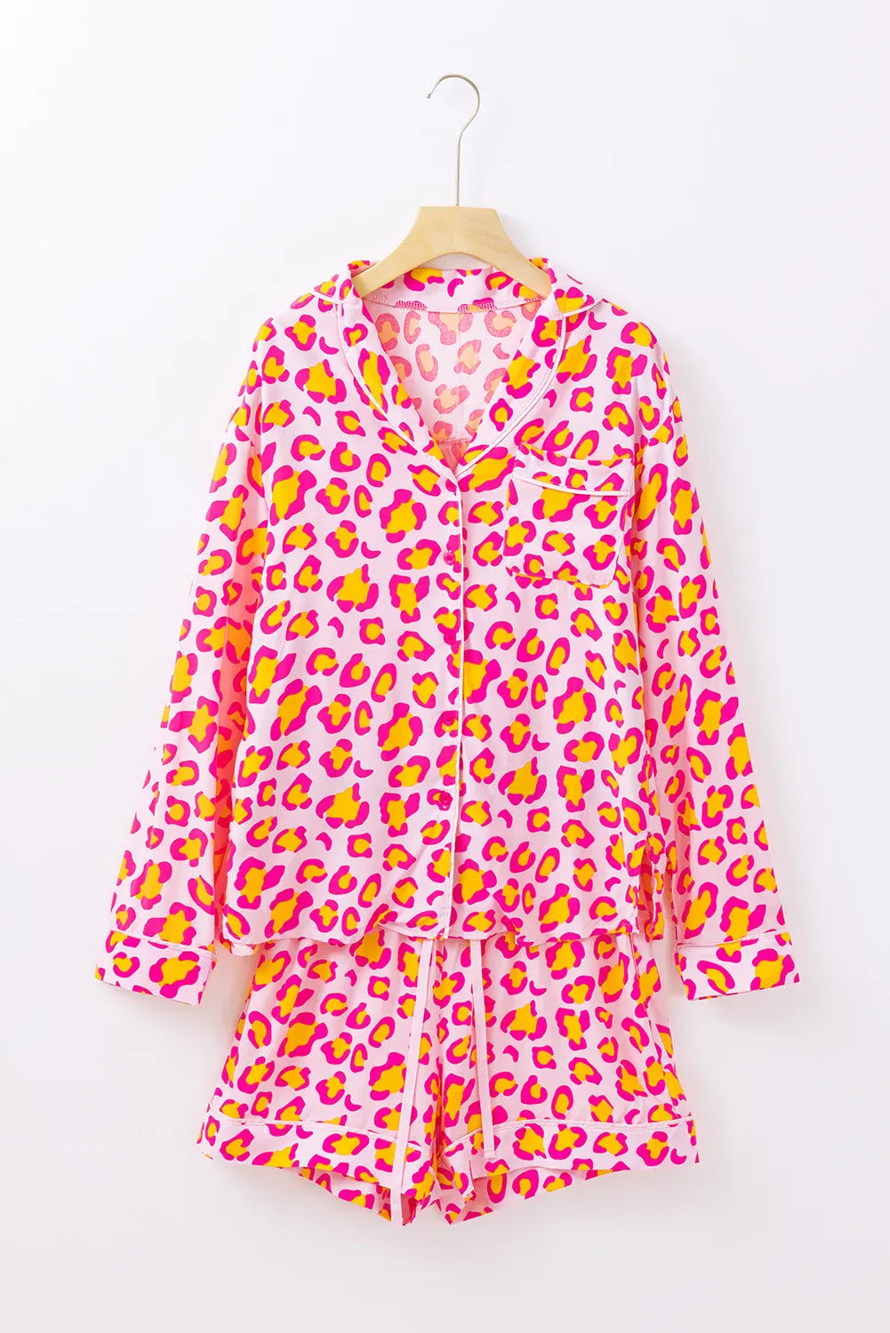Fashorio Pink / S Leopard Collared Neck Long Sleeve Top and Shorts Lounge Set