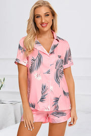 Fashorio Pink / S Printed Button Up Short Sleeve Top and Shorts Lounge Set