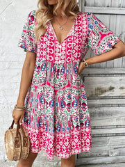 Fashorio Pink / S Printed Tie Neck Short Sleeve Dress