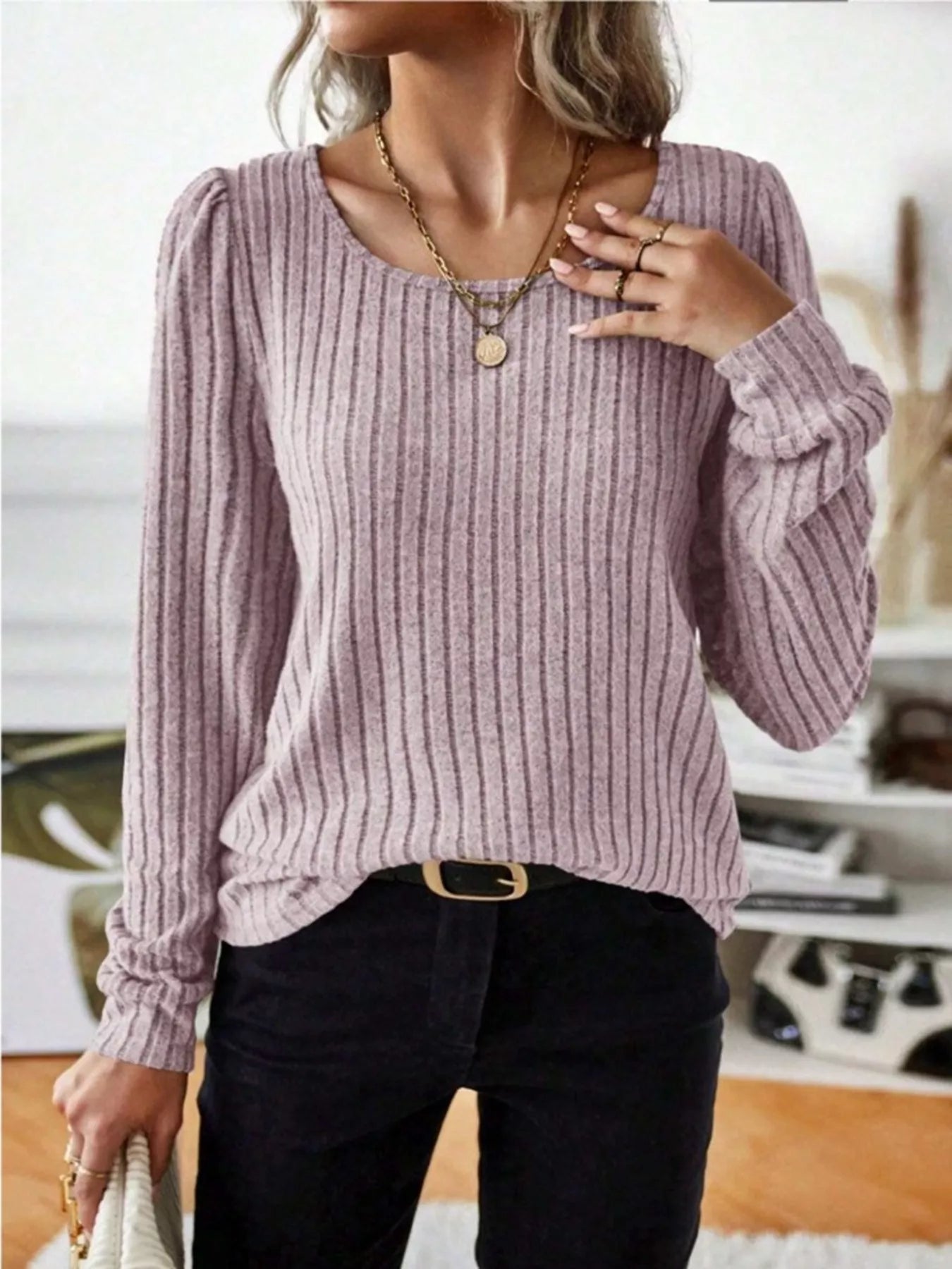 Fashorio Pink / S Ribbed Knit Long Sleeve T-Shirt