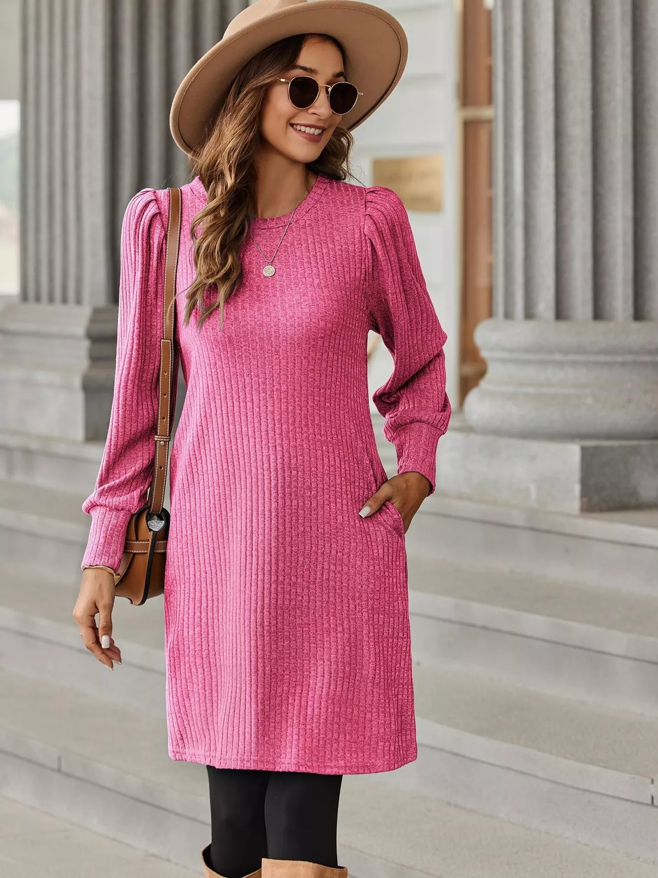 Fashorio Pink / S Ribbed Knit Puff Sleeve Casual Mini Dress