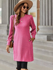 Fashorio Pink / S Ribbed Knit Puff Sleeve Casual Mini Dress