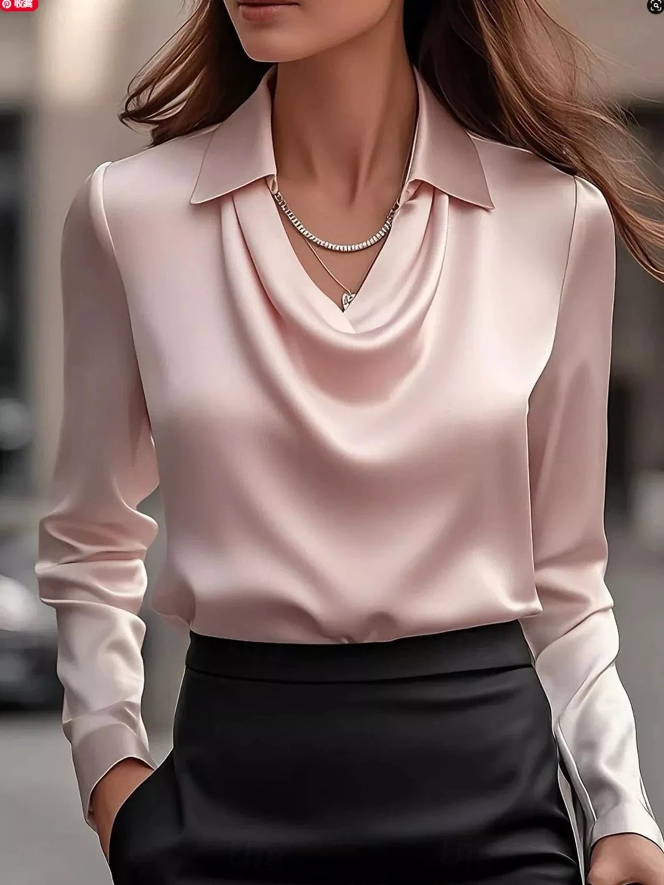 Fashorio Pink / S Ruched Long Sleeve Drape Collar Blouse