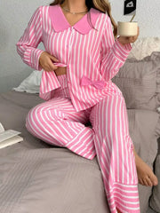 Fashorio Pink / S Stripe Buttoned Front Long Sleeve Top and Pants 2 Piece Sleepwear