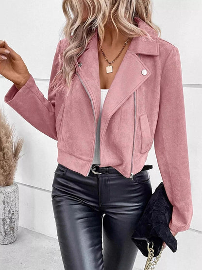 Suede Moto Jacket with Zip Detail Pink - Fashorio