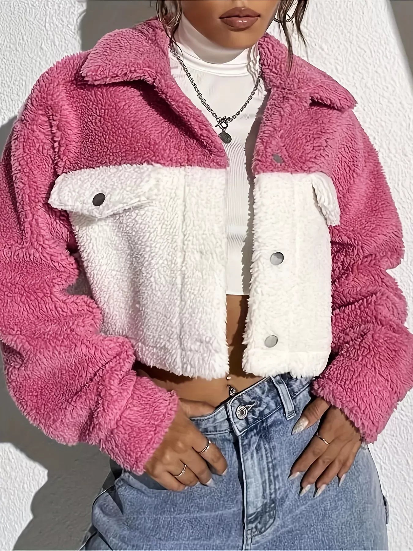 Fashorio Pink / S Two-Tone Plush Cropped Jacket
