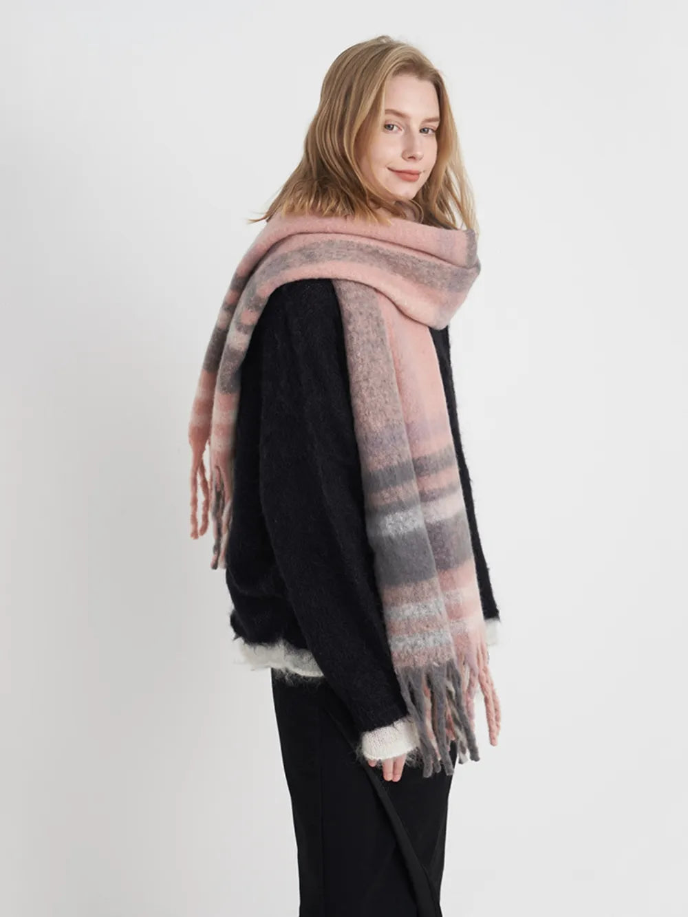 Fashorio Pink/White/Gray plaid / One Size Fringe Plaid Polyester Scarf