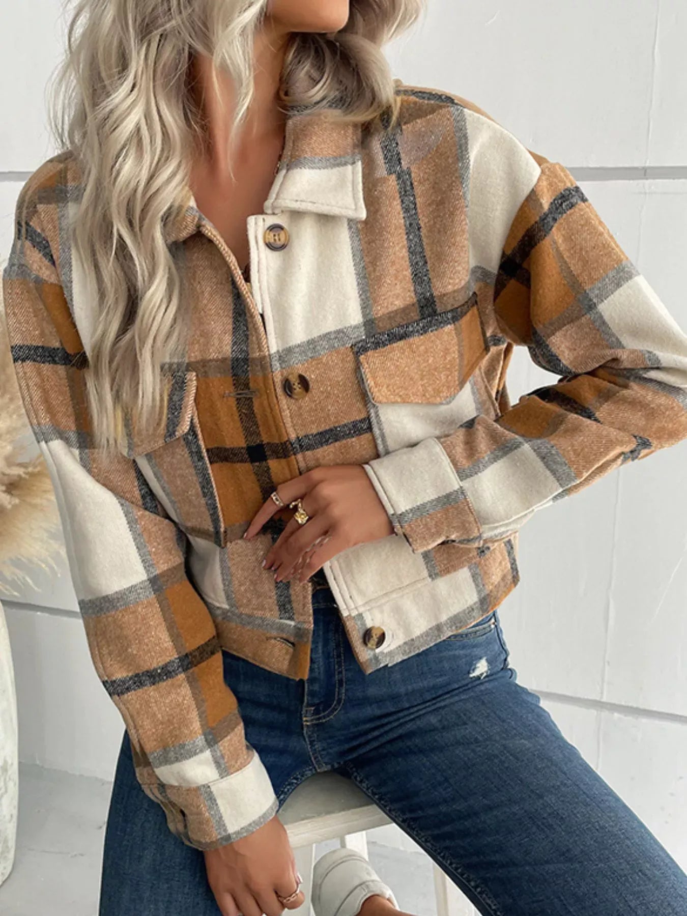 Fashorio Plaid Button-Down Crop Jacket