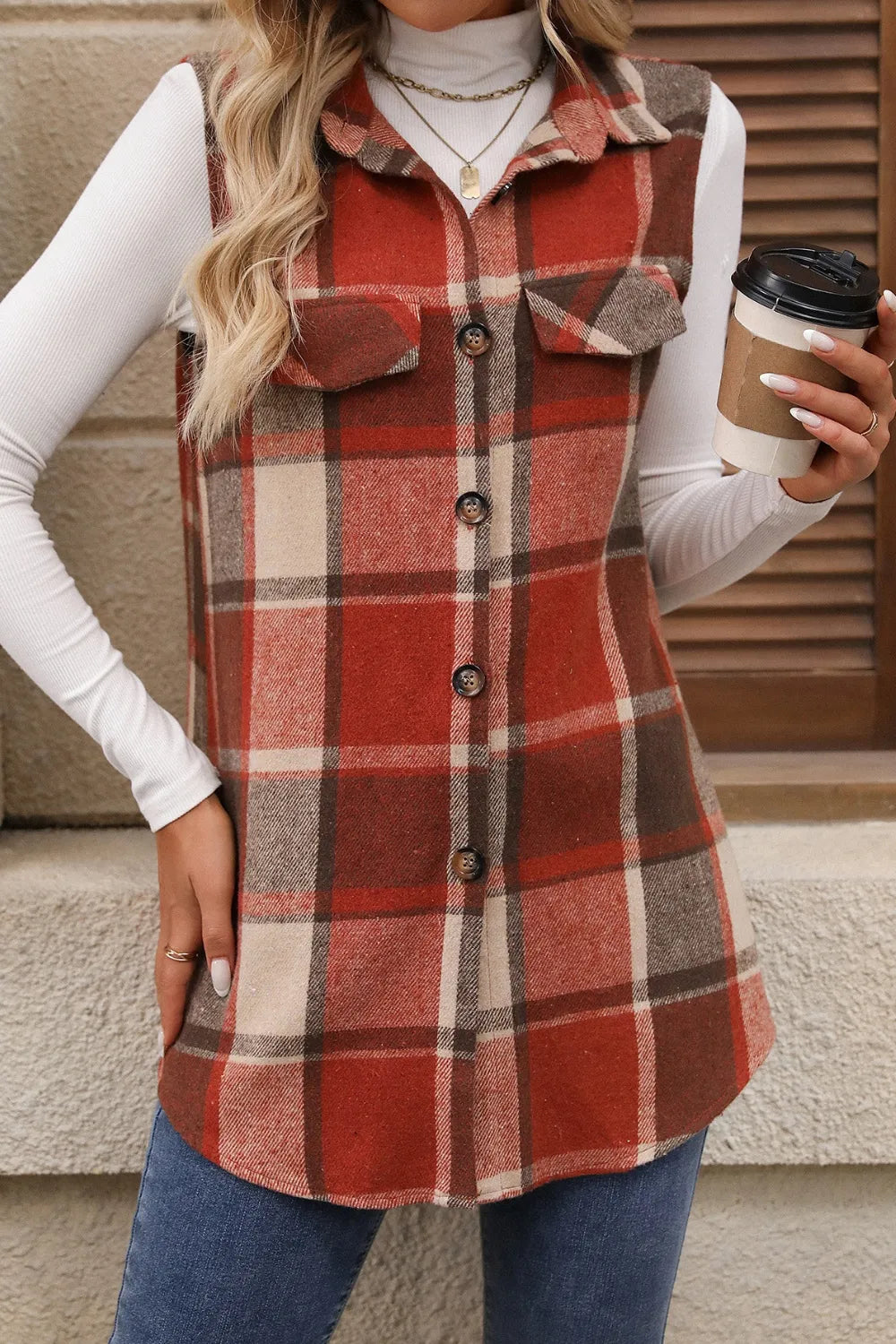 Fashorio Plaid Button Up Vest Coat