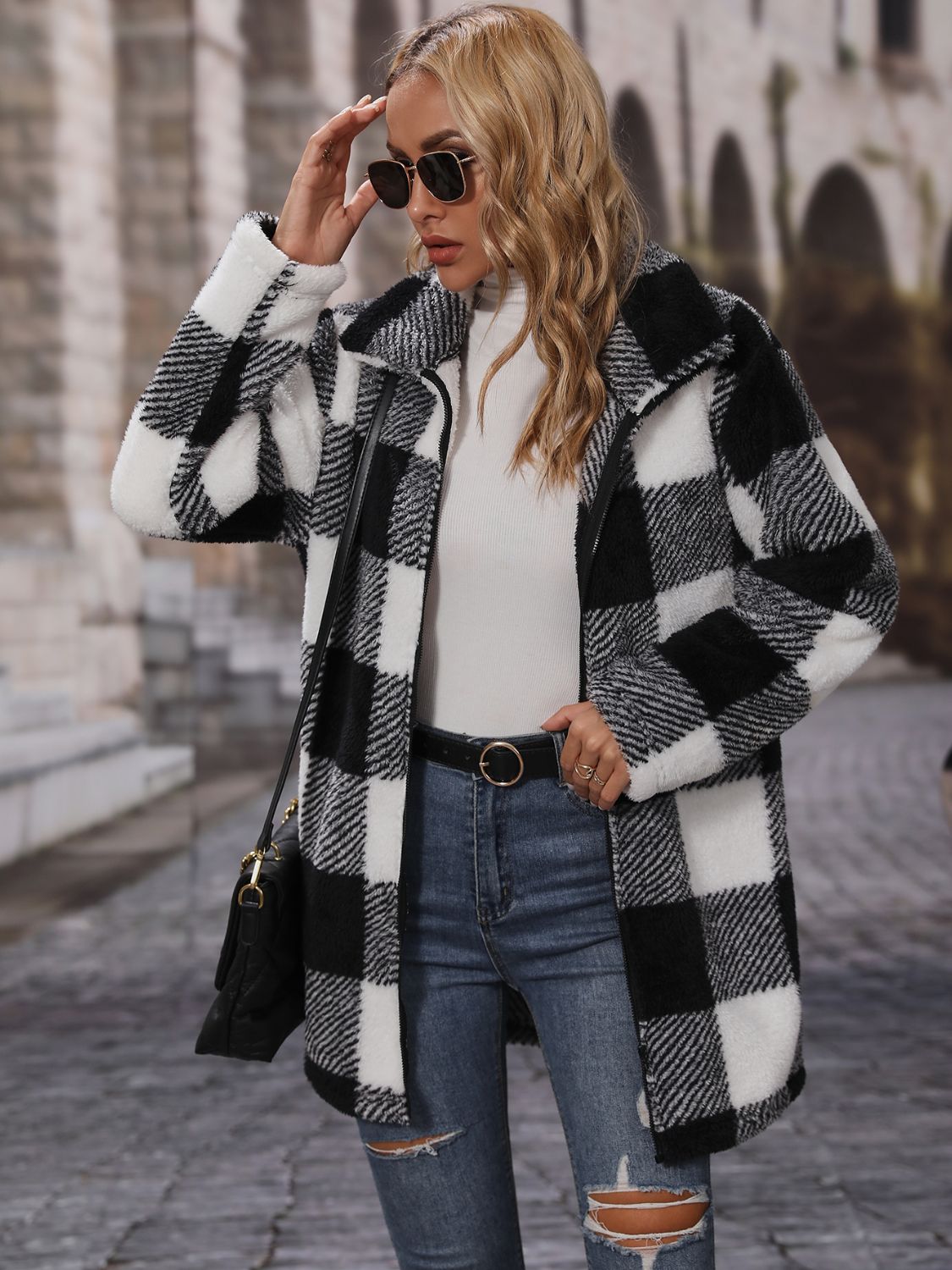 Fashorio Plaid Collared Neck Coat with Pockets