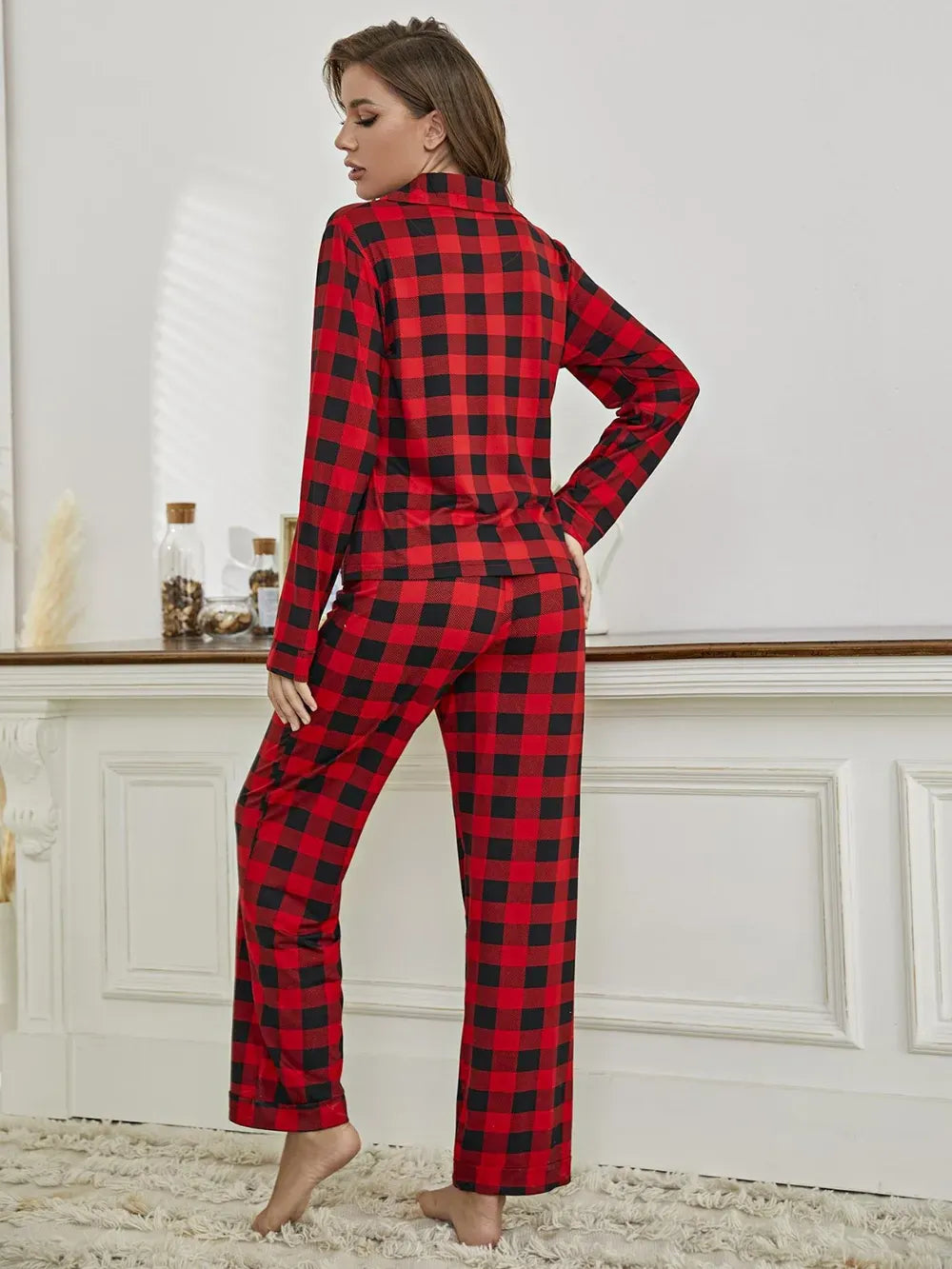 Fashorio Plaid Collared Neck Long Sleeve Top and Pants Lounge Set