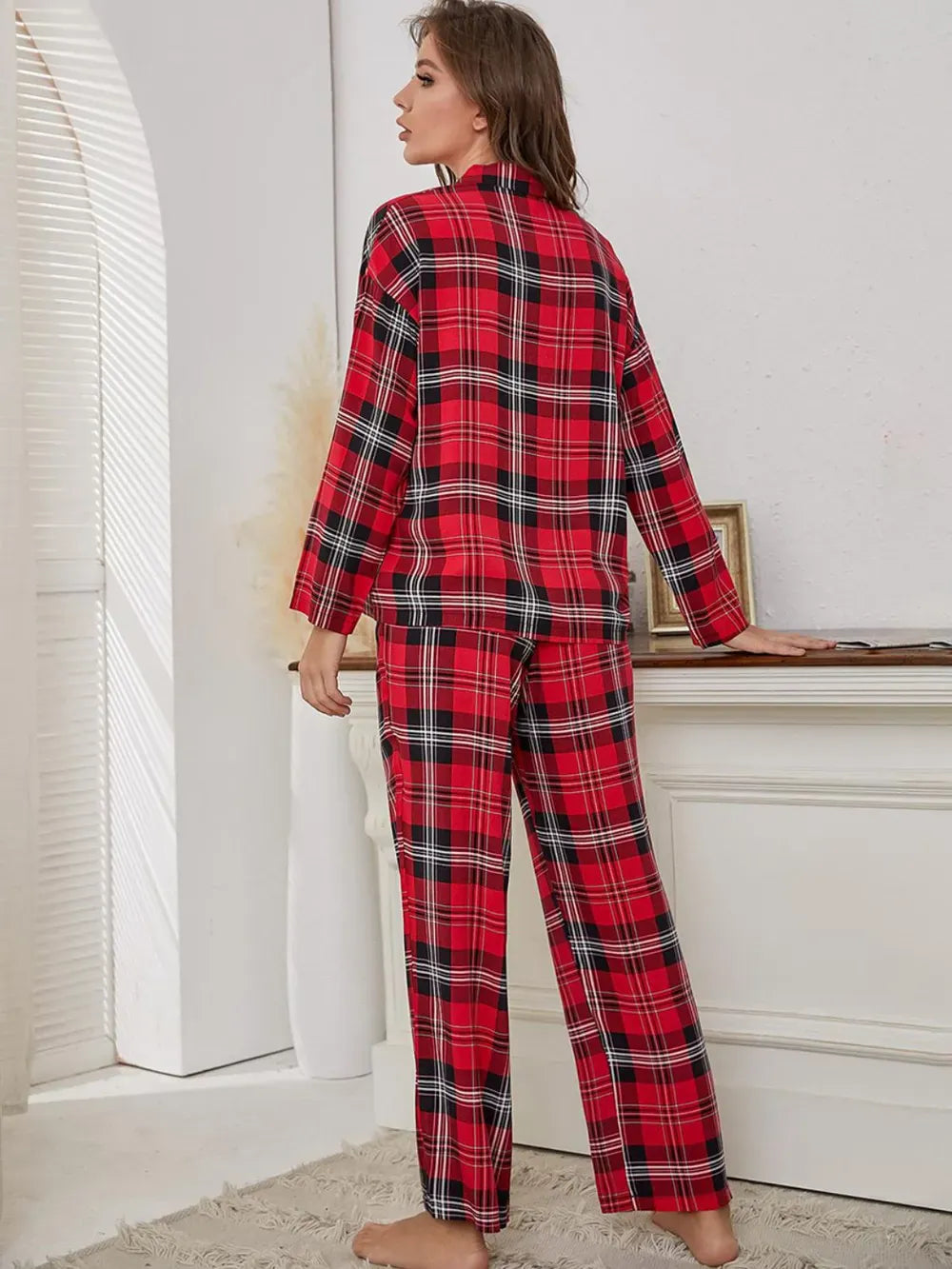 Fashorio Plaid Collared Neck Long Sleeve Top and Pants Lounge Set