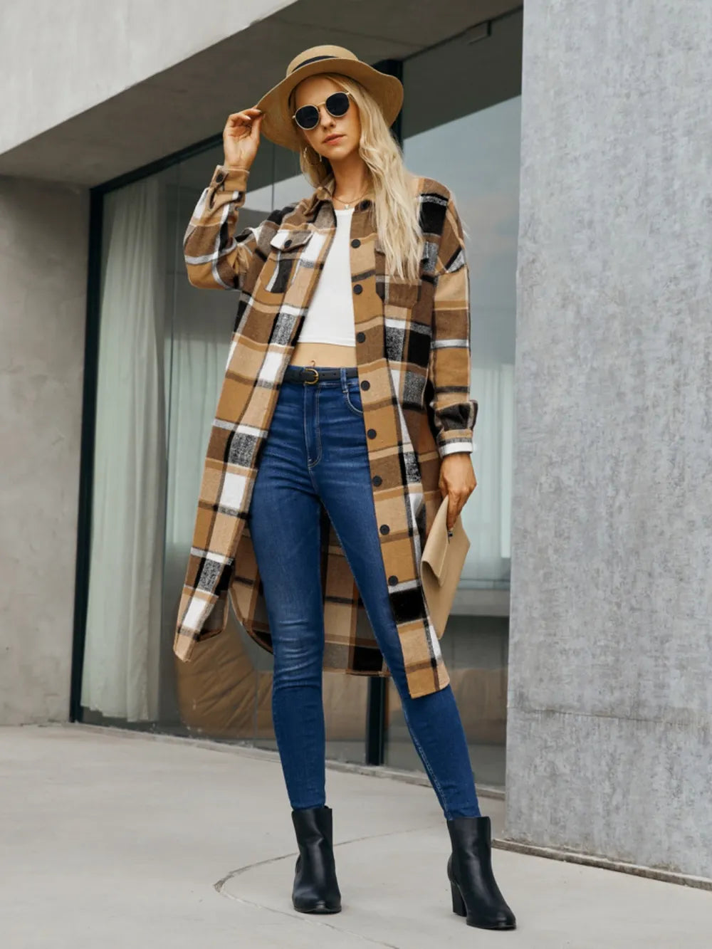 Fashorio Plaid Pocketed Button Up Trench Coat