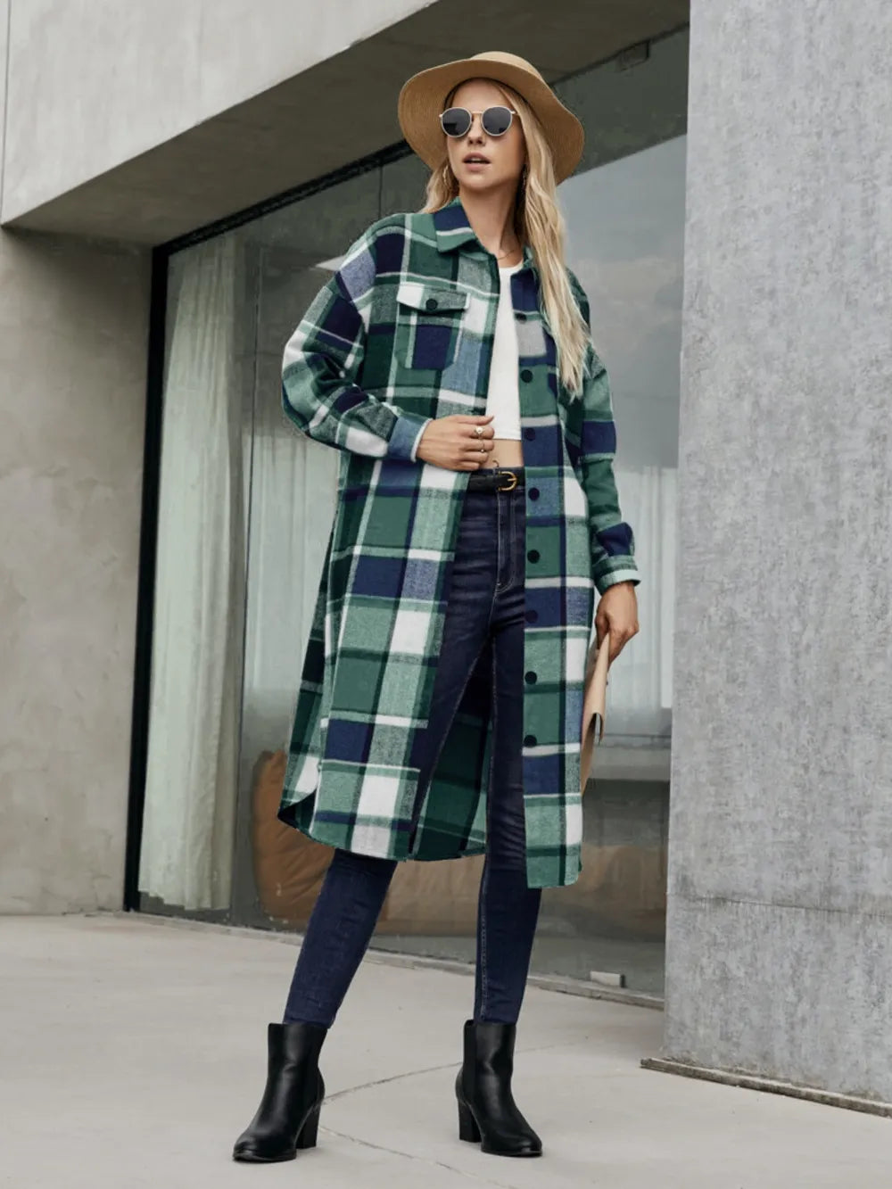 Fashorio Plaid Pocketed Button Up Trench Coat