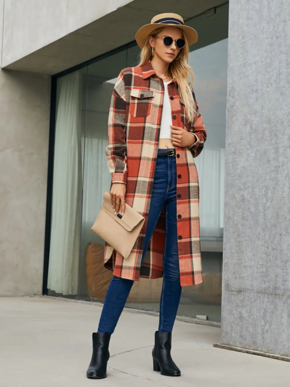 Fashorio Plaid Pocketed Button Up Trench Coat