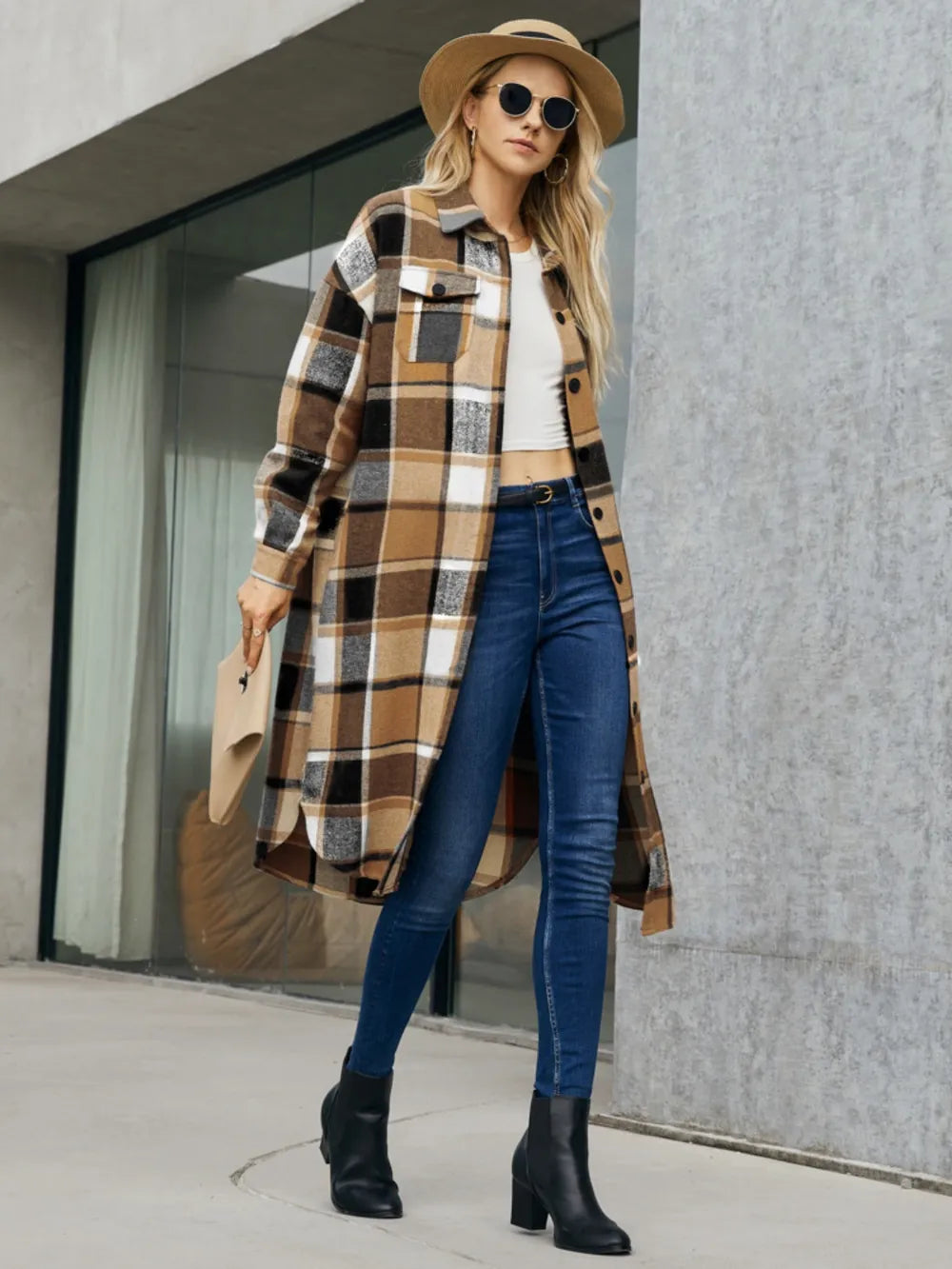 Fashorio Plaid Pocketed Button Up Trench Coat