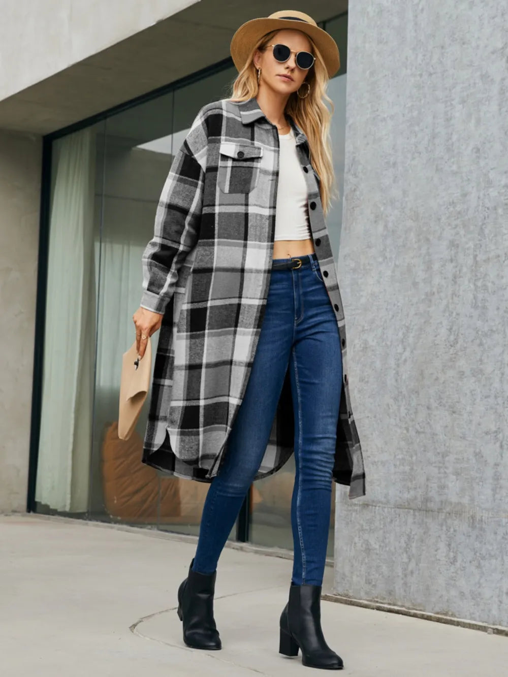 Fashorio Plaid Pocketed Button Up Trench Coat