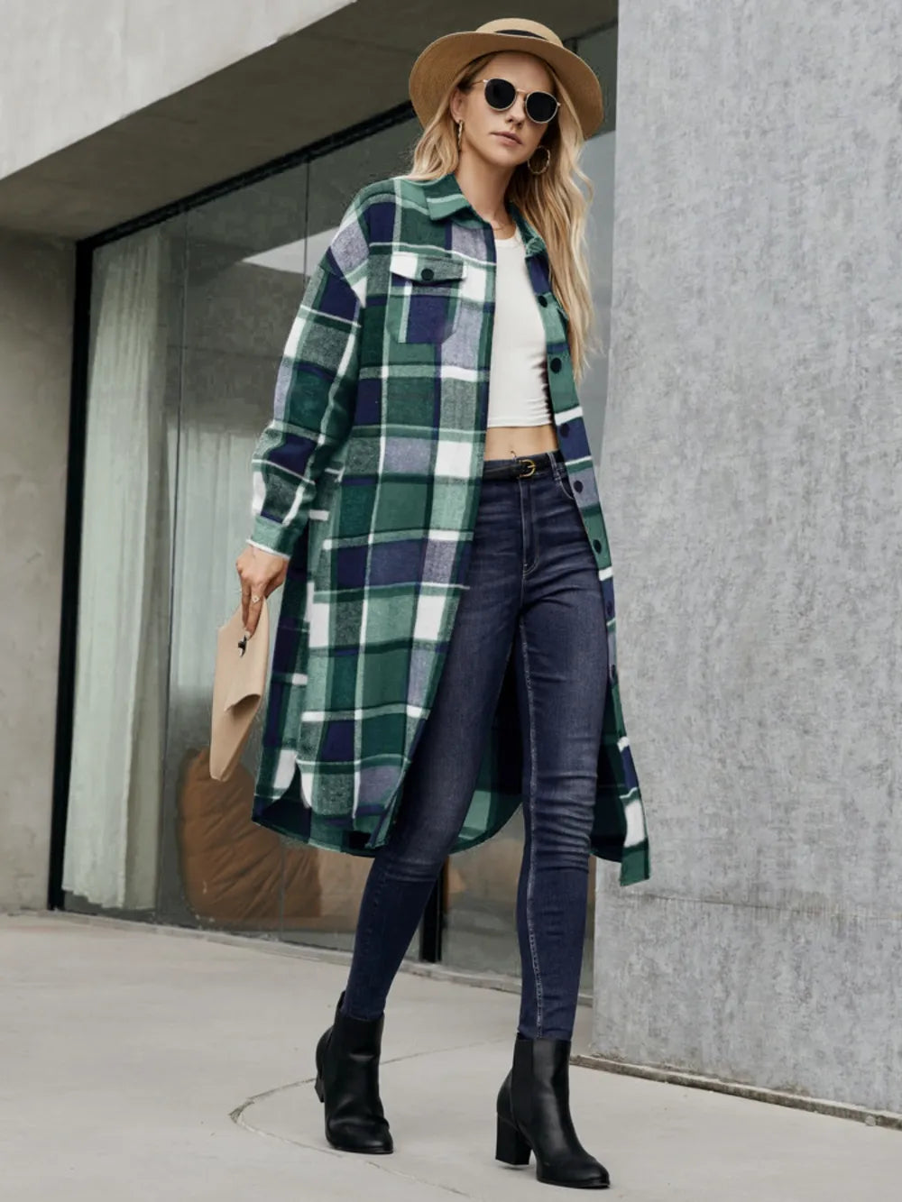 Fashorio Plaid Pocketed Button Up Trench Coat