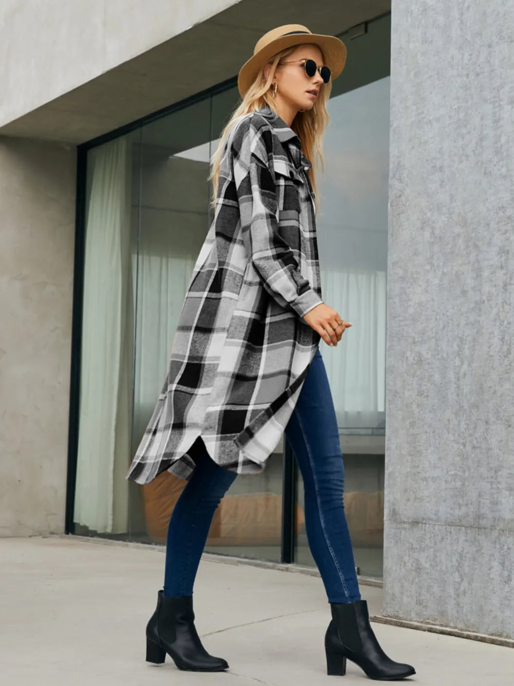 Fashorio Plaid Pocketed Button Up Trench Coat