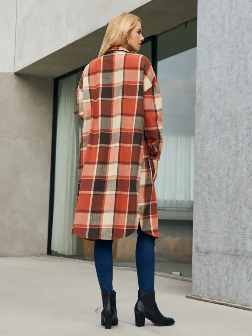 Fashorio Plaid Pocketed Button Up Trench Coat
