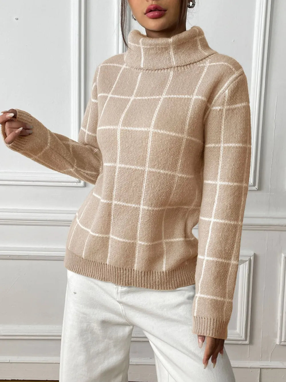 Fashorio Plaid Turtleneck Long Sleeve Sweater