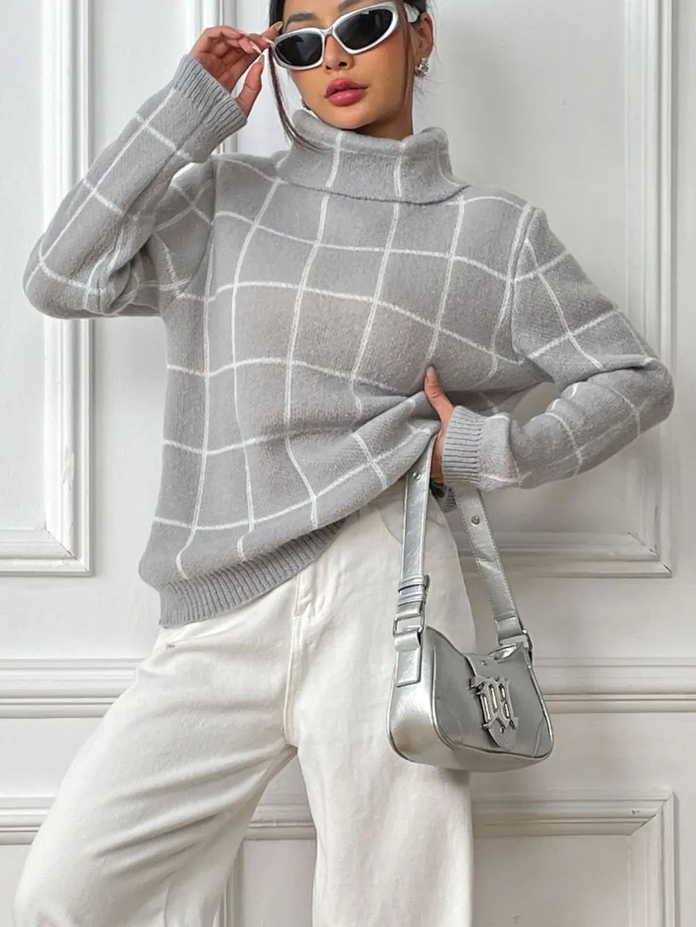 Fashorio Plaid Turtleneck Long Sleeve Sweater