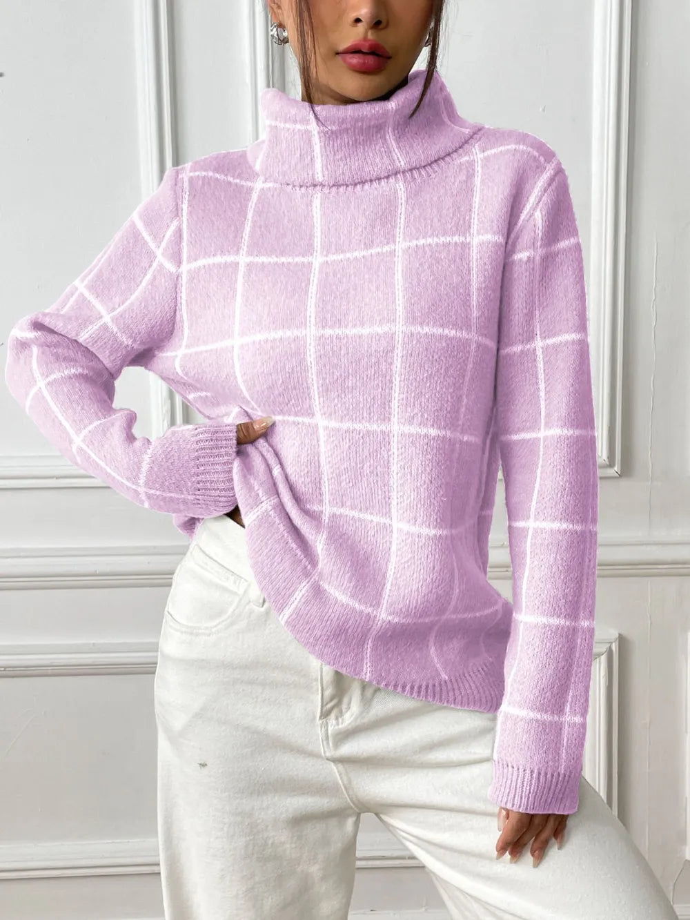 Fashorio Plaid Turtleneck Long Sleeve Sweater