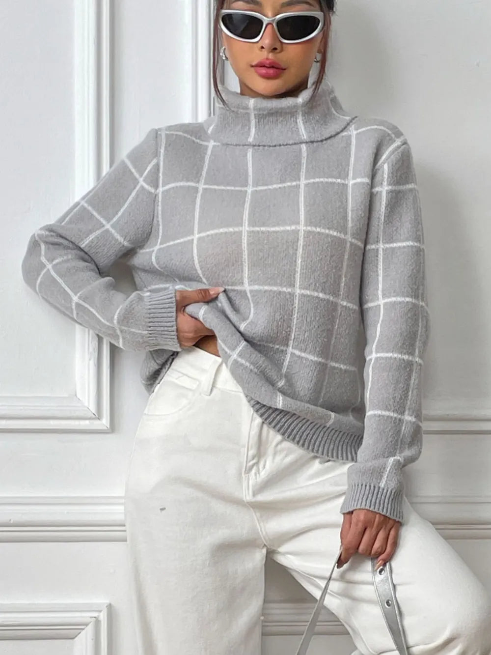 Fashorio Plaid Turtleneck Long Sleeve Sweater