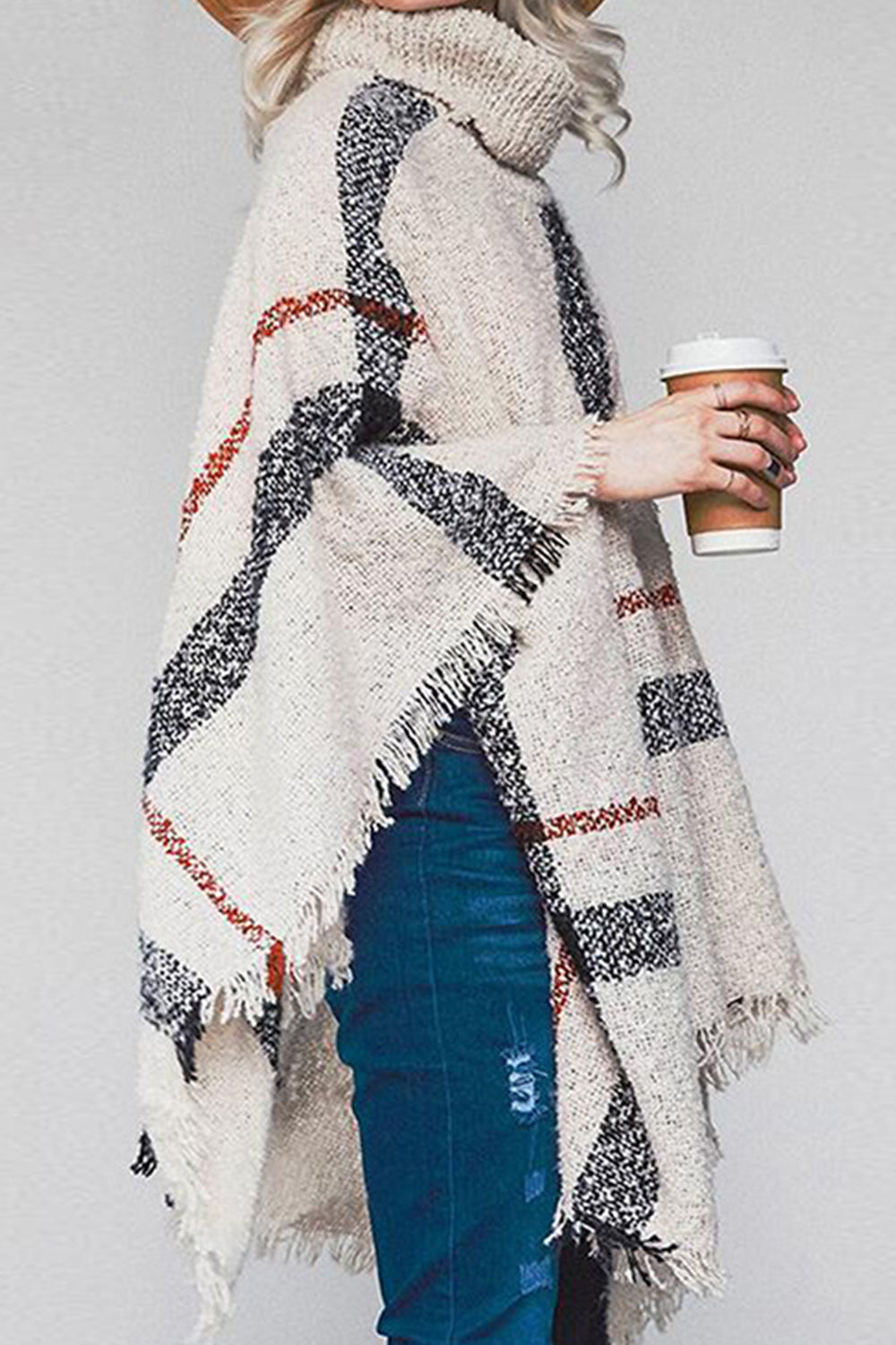 Fashorio Plaid Turtleneck Raw Hem Poncho