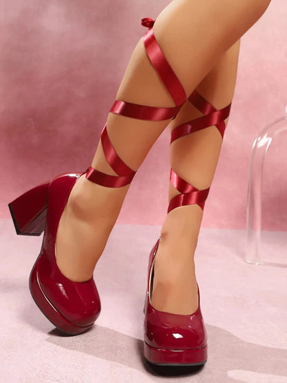 Platform Block Heel Pumps with Ankle Wrap Straps - Fashorio