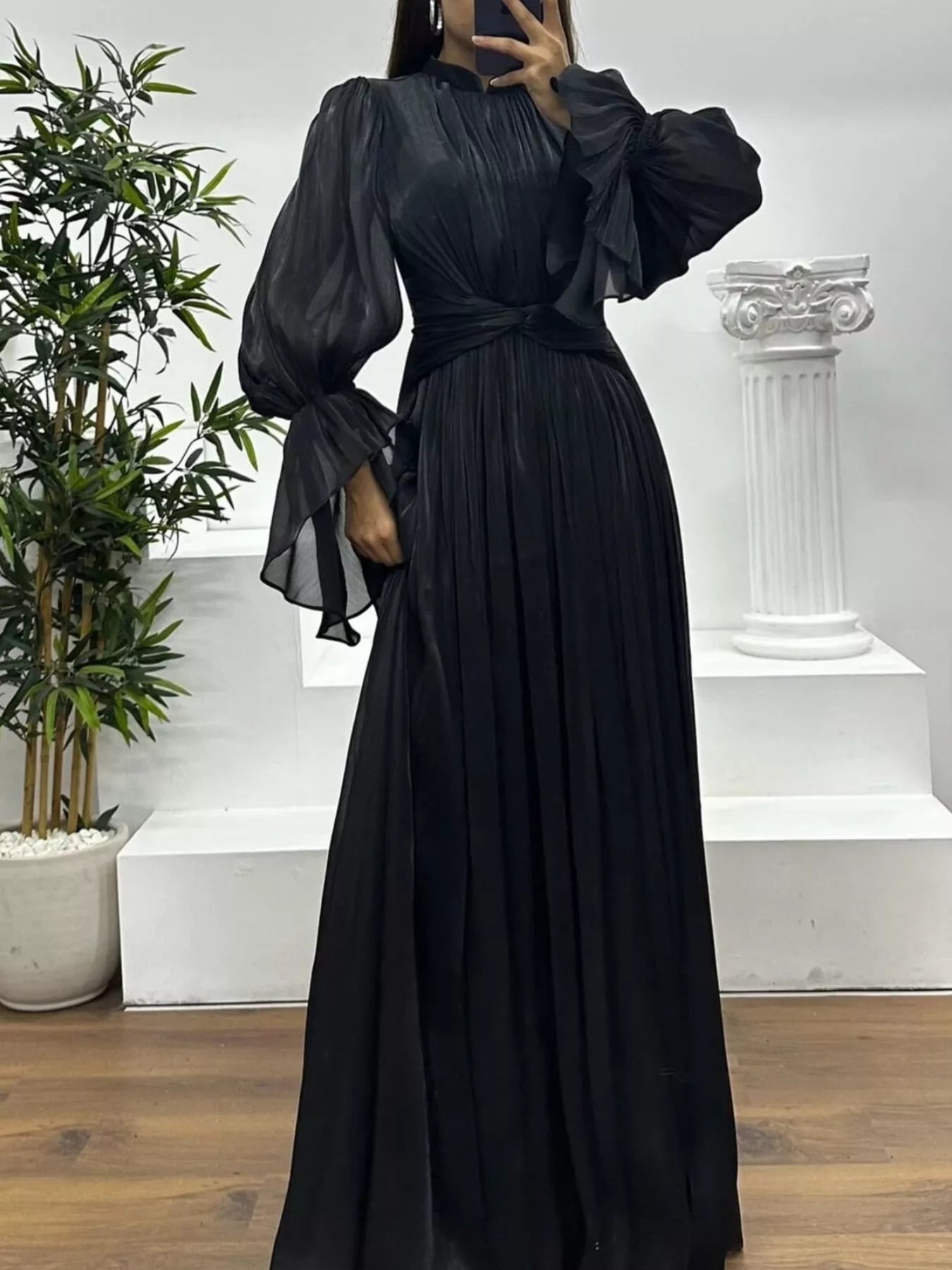Fashorio Pleated Mock Neck Long Sleeve Maxi Dress
