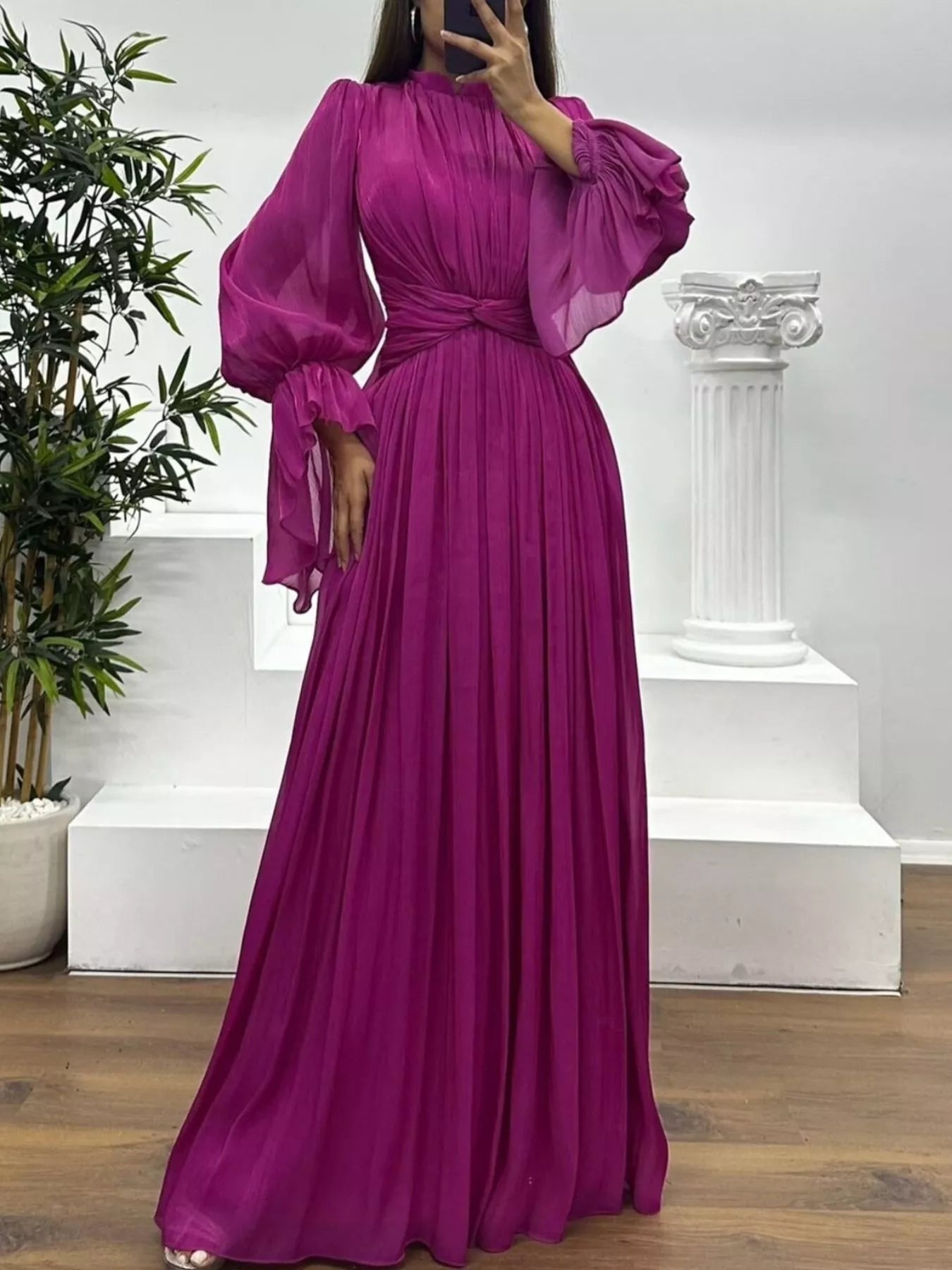 Fashorio Pleated Mock Neck Long Sleeve Maxi Dress