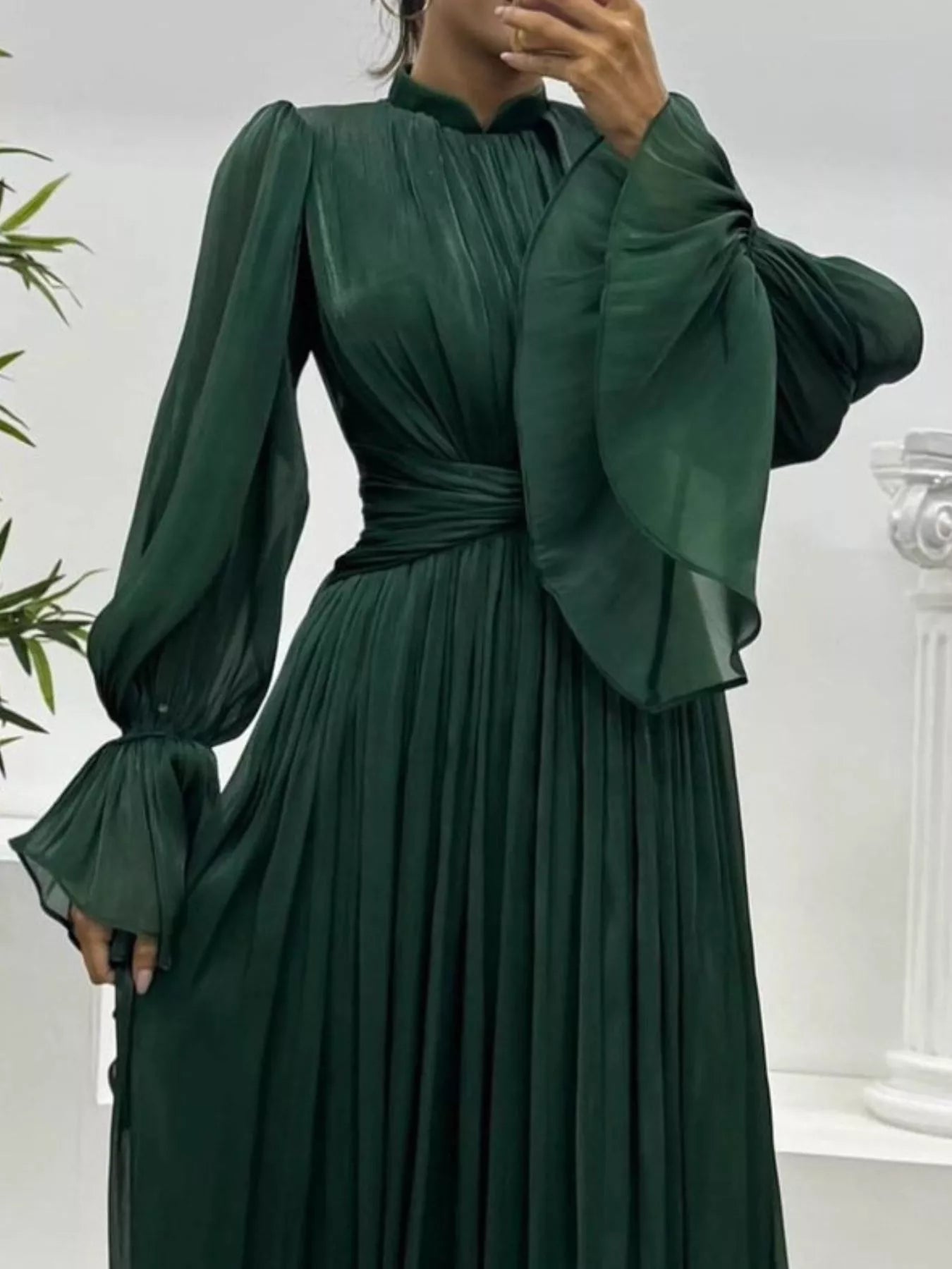 Fashorio Pleated Mock Neck Long Sleeve Maxi Dress