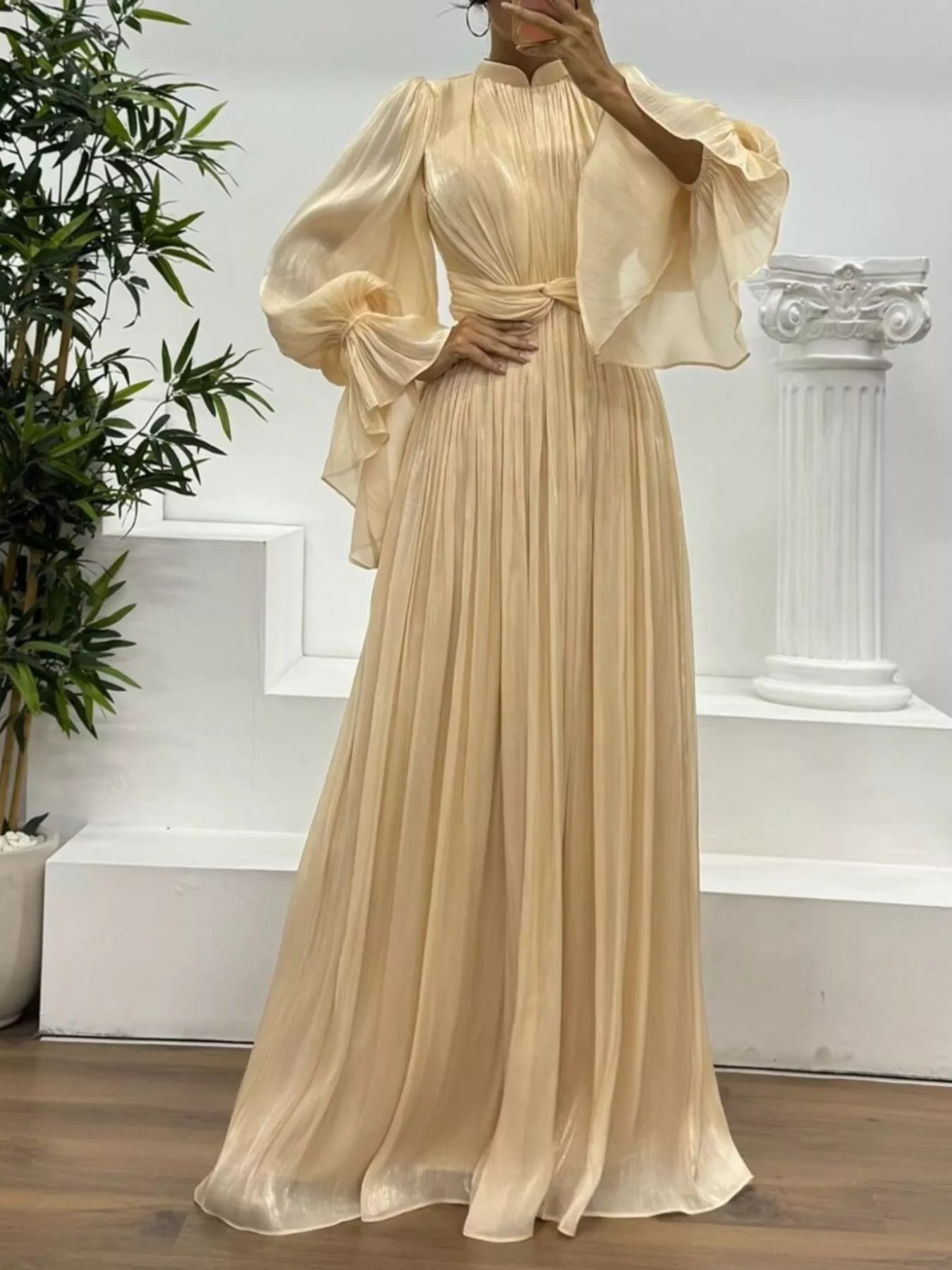 Fashorio Pleated Mock Neck Long Sleeve Maxi Dress
