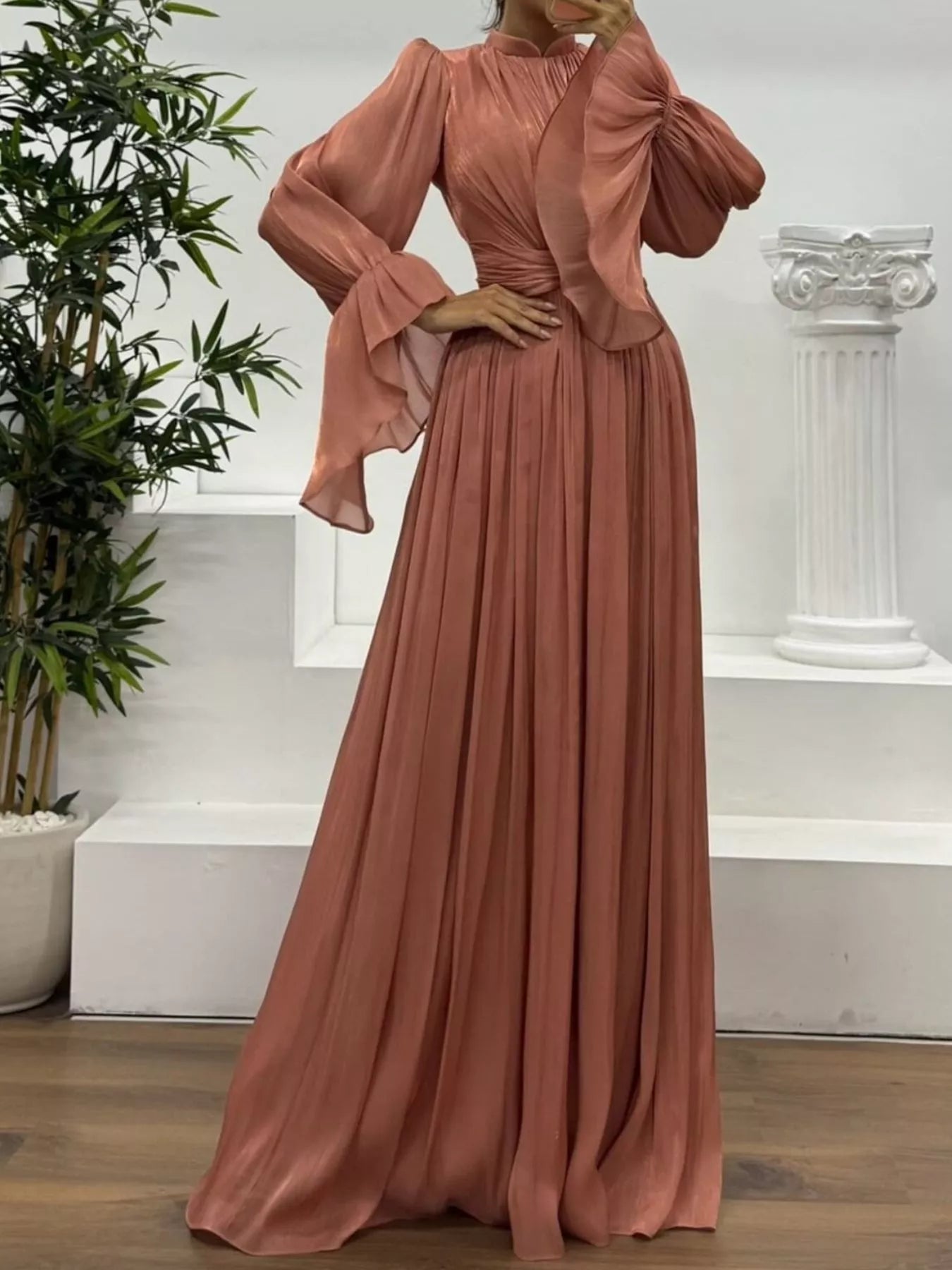 Fashorio Pleated Mock Neck Long Sleeve Maxi Dress