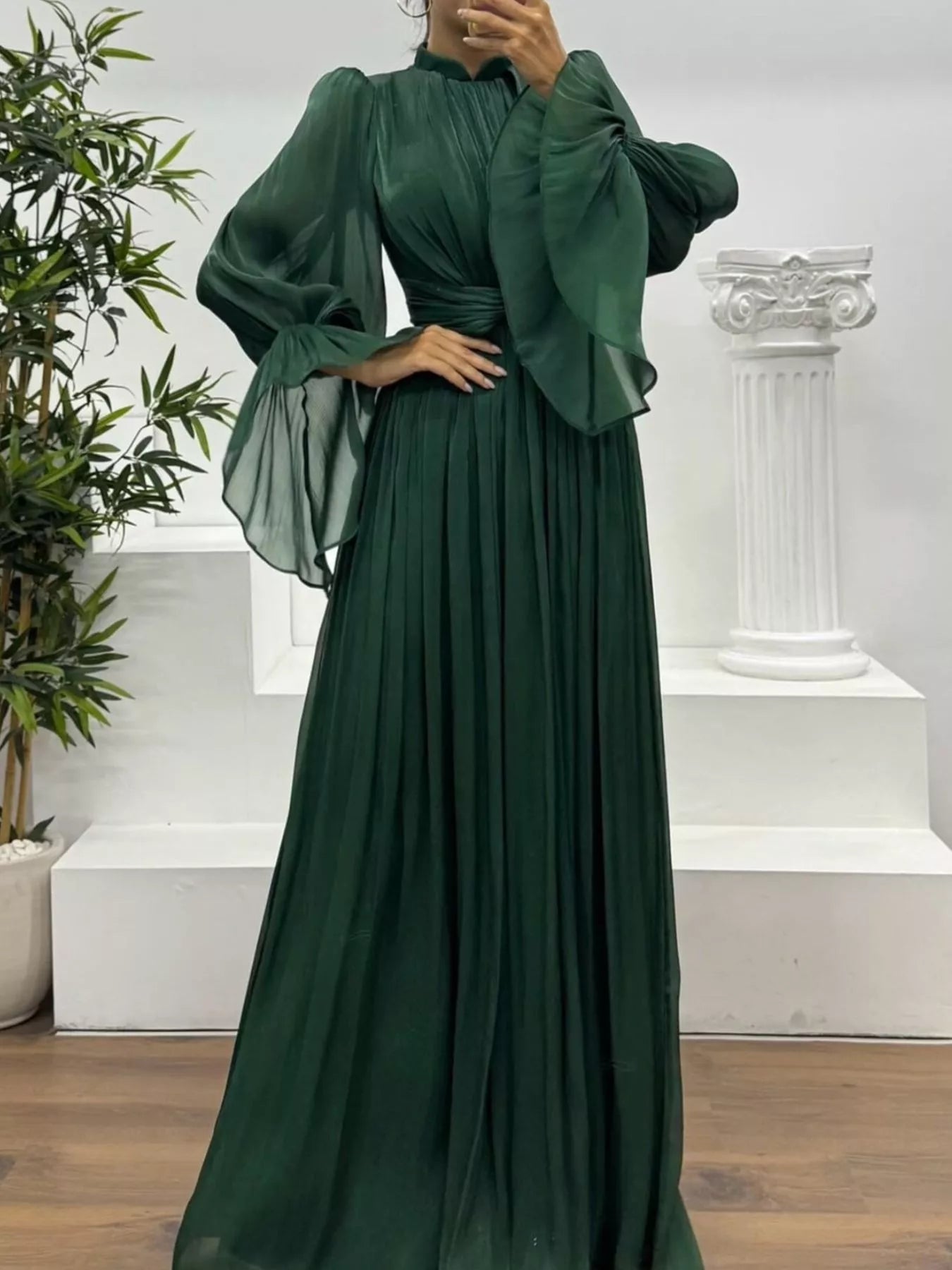 Fashorio Pleated Mock Neck Long Sleeve Maxi Dress