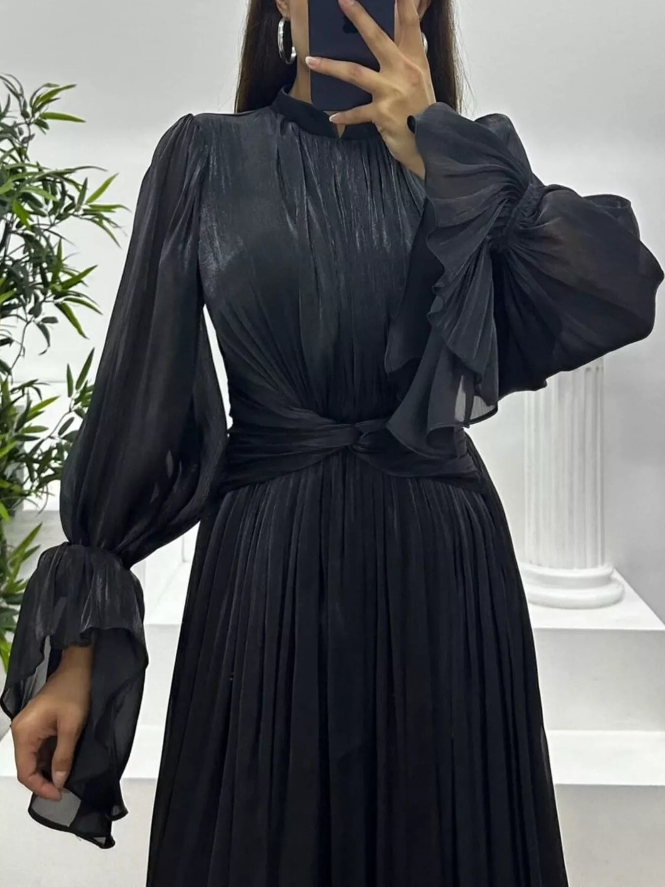 Fashorio Pleated Mock Neck Long Sleeve Maxi Dress