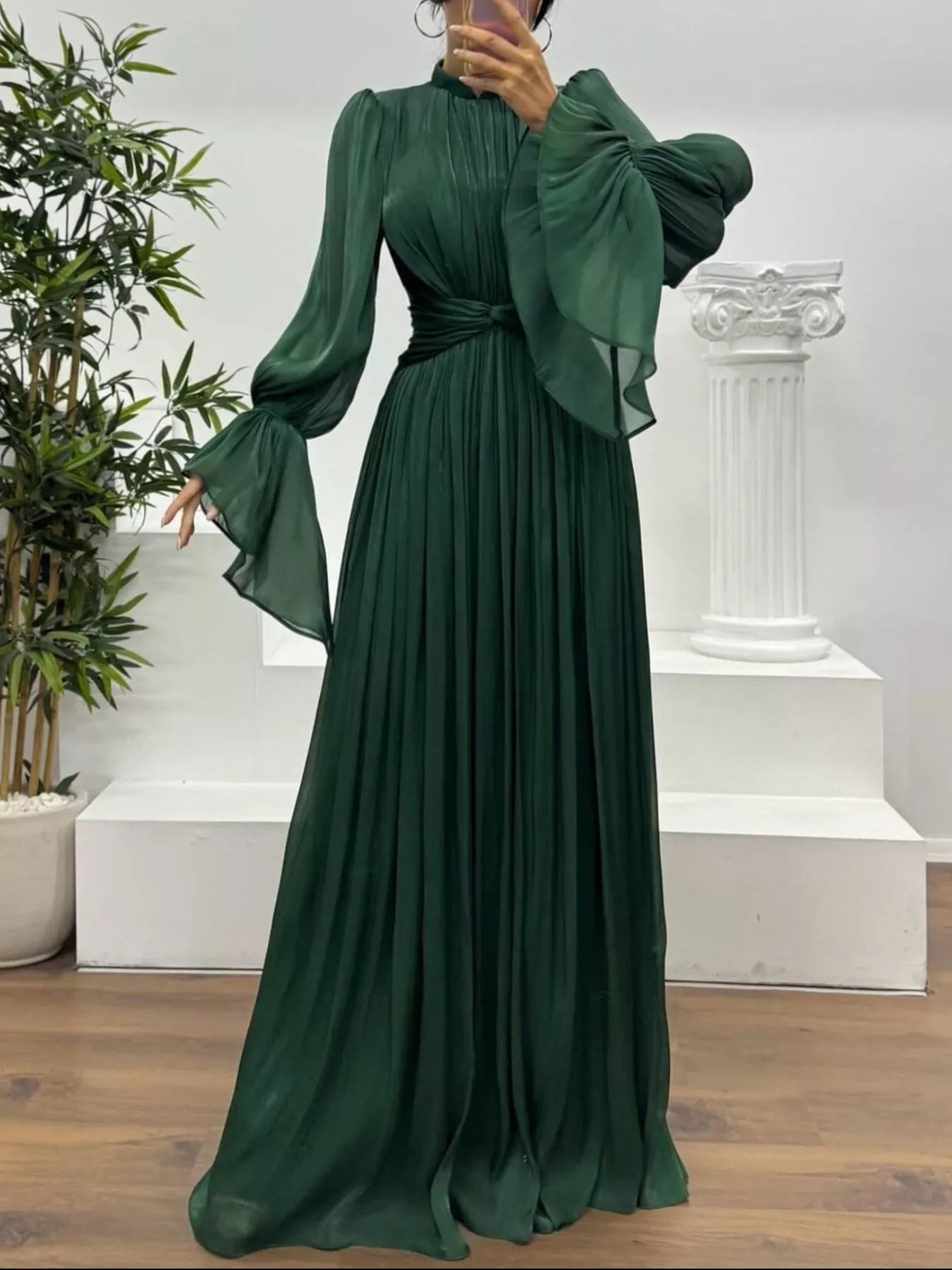 Fashorio Pleated Mock Neck Long Sleeve Maxi Dress