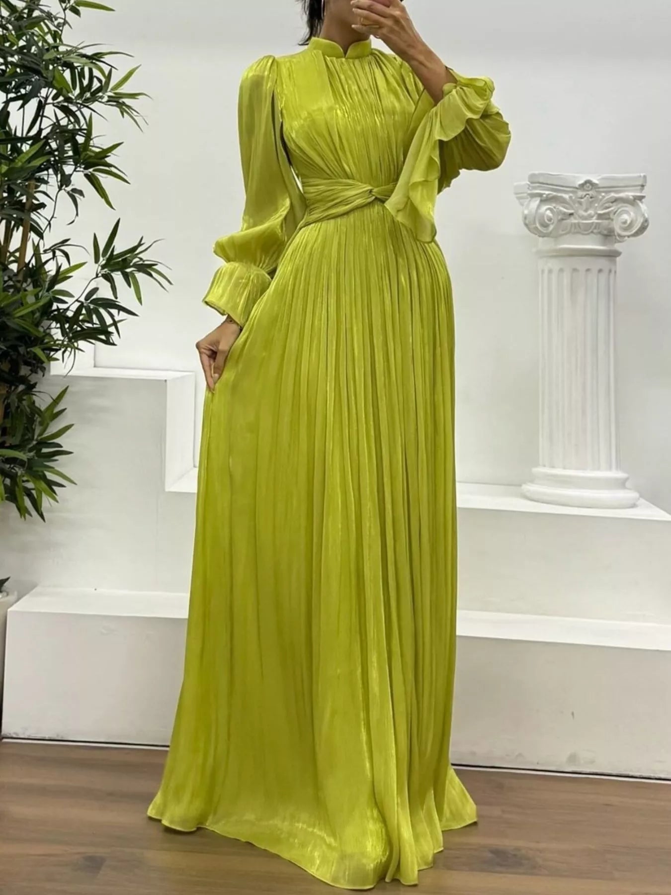 Fashorio Pleated Mock Neck Long Sleeve Maxi Dress
