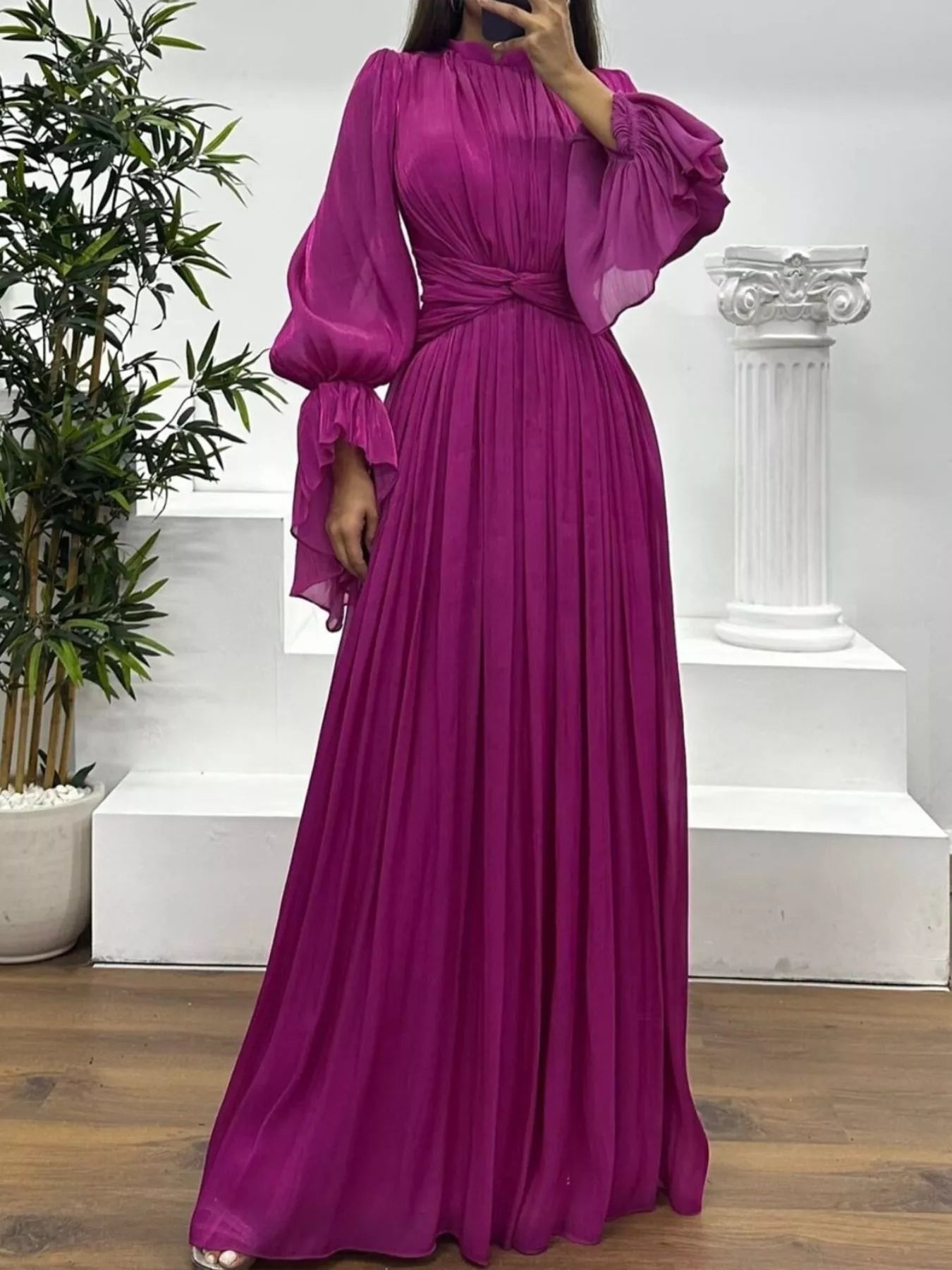 Fashorio Pleated Mock Neck Long Sleeve Maxi Dress